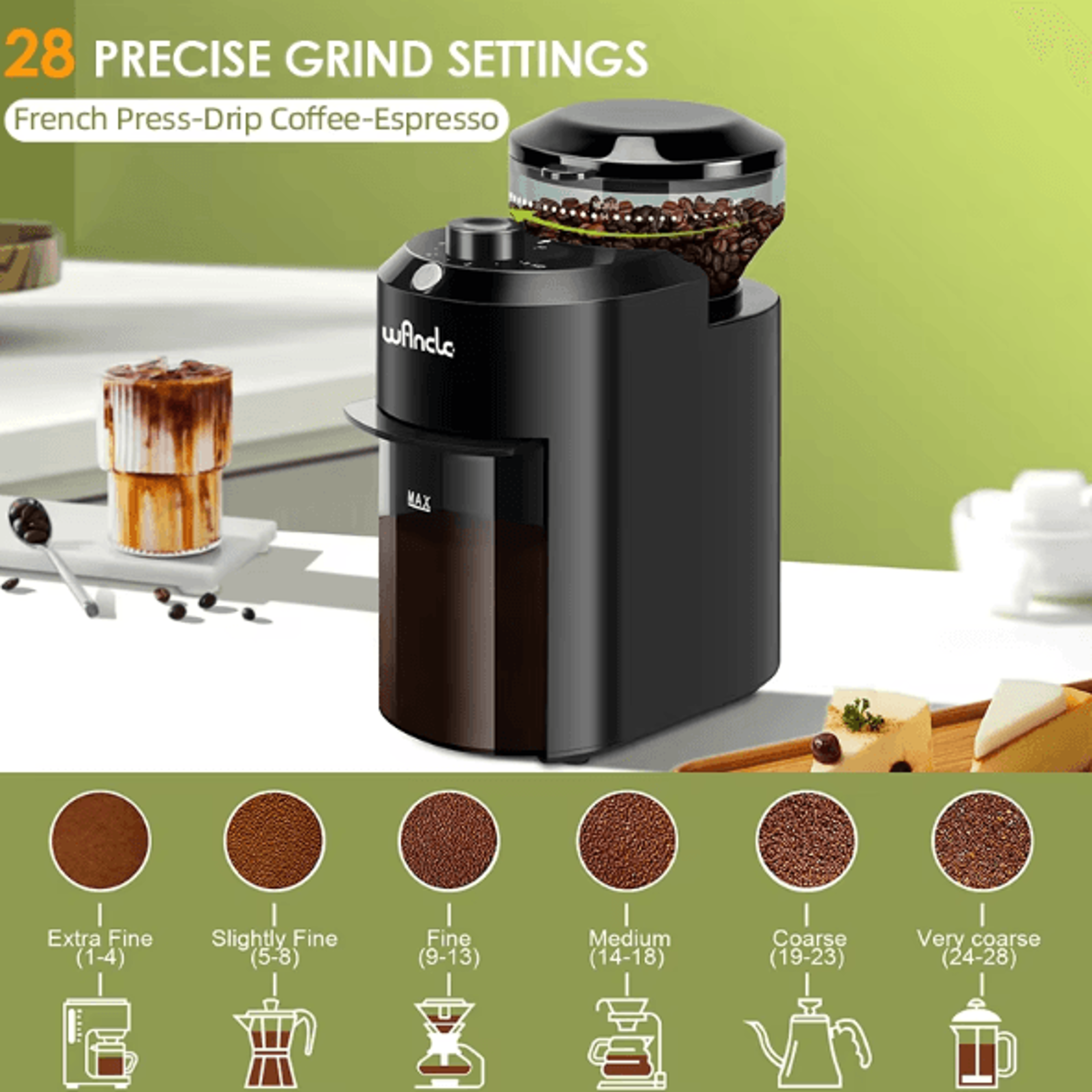 Wancle Electric Burr Coffee Grinder  28 Adjustable Precision Grind Coffee Mill 1