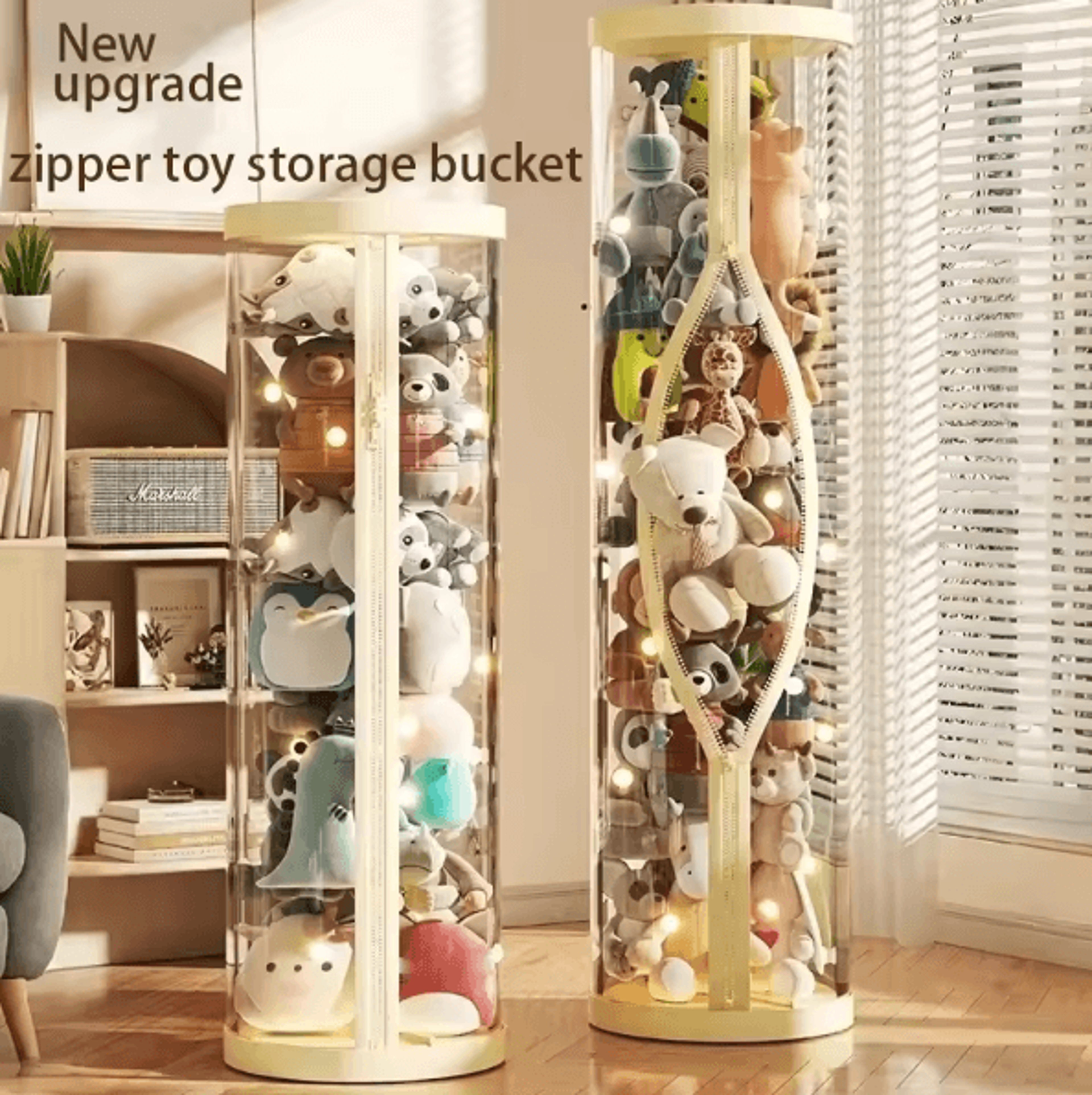 clearview cylinder toy storage box with lid for plush & doll display