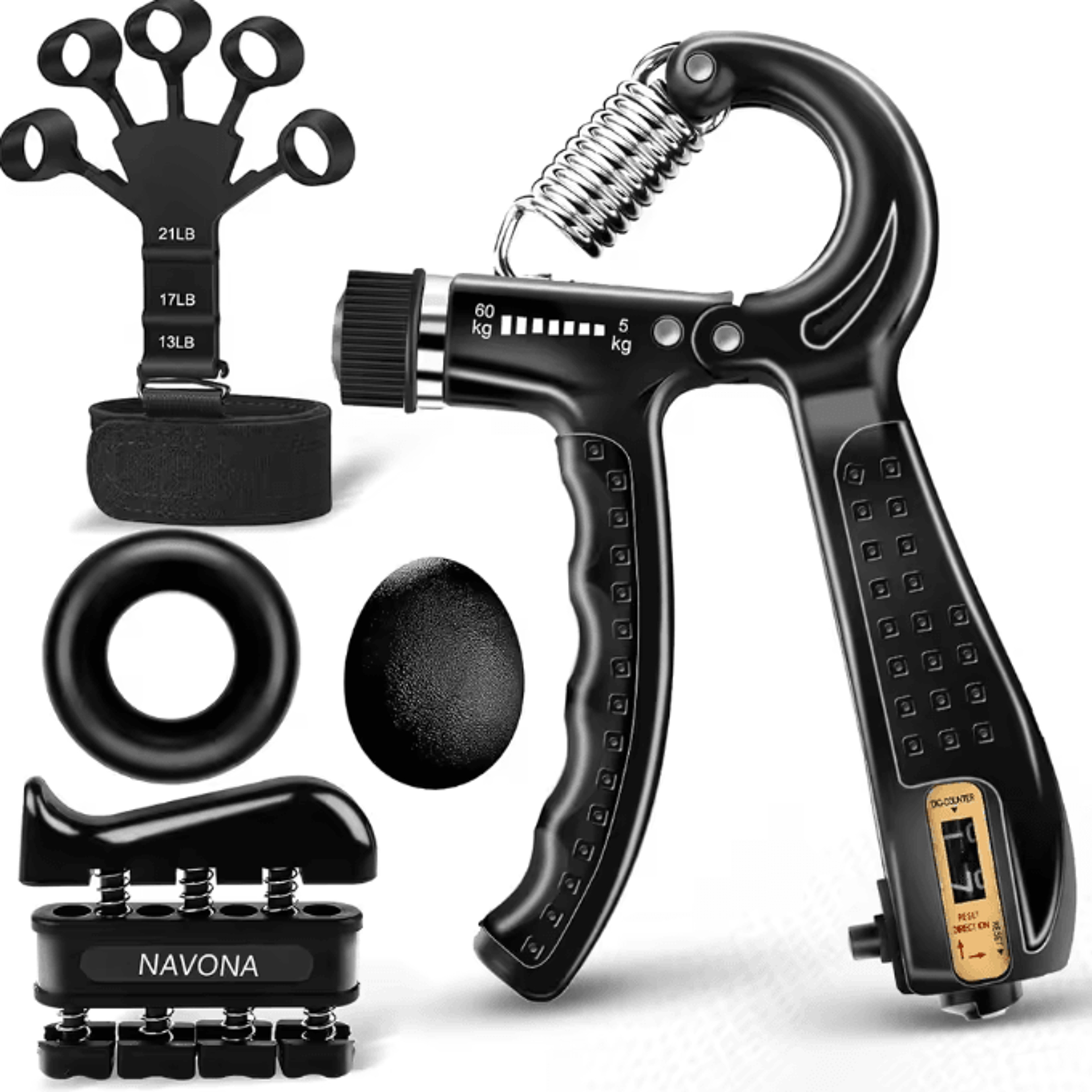 PowerGrip 5in1 Grip Trainer Kit Adjustable Hand Gripper Set With Finger Exercisers  Stress Ball For 0
