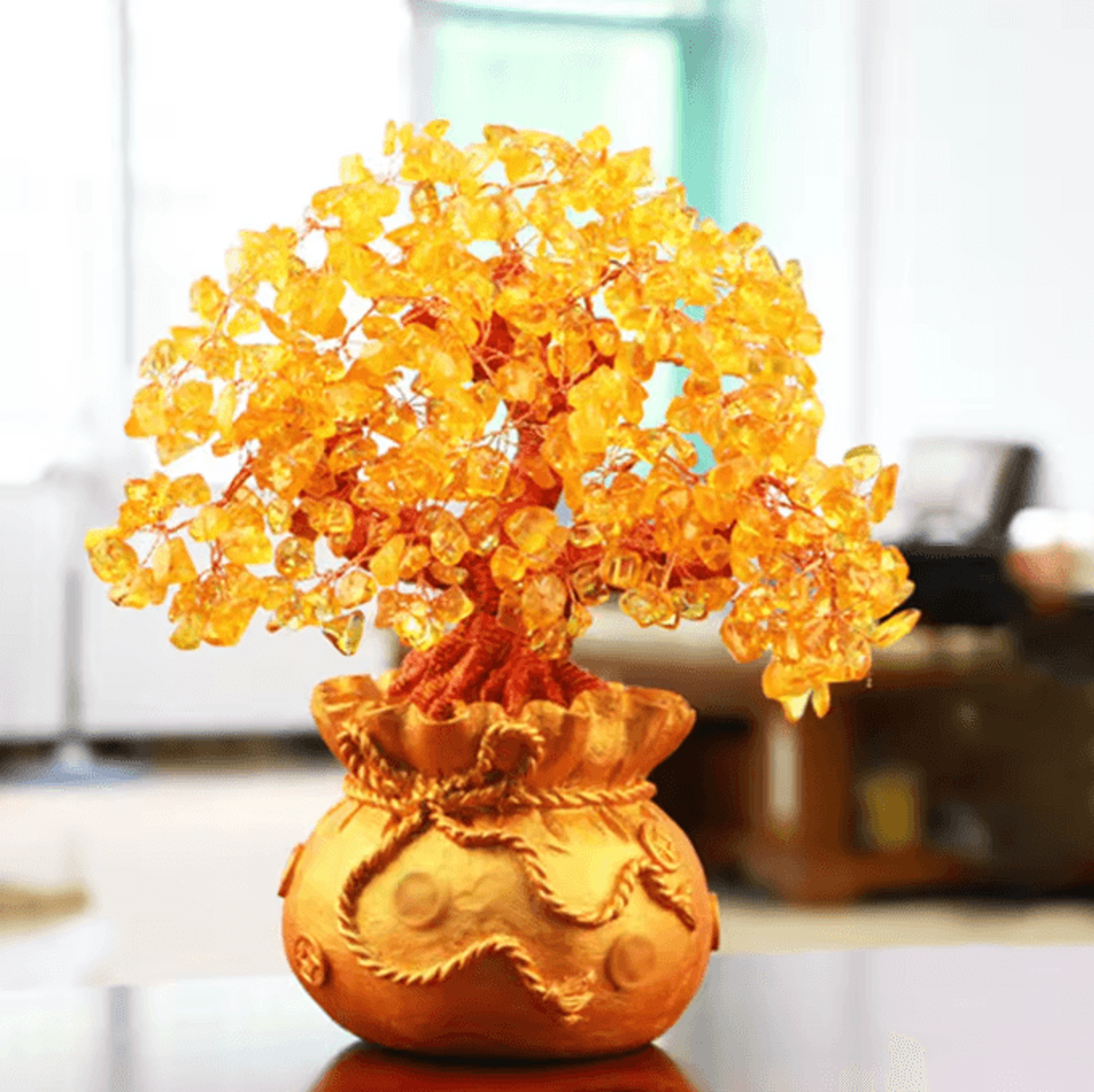 Natural Crystal Money Tree  Feng Shui Fortune Tree Decor With Gemstone Leaves  Money Bag Base 3