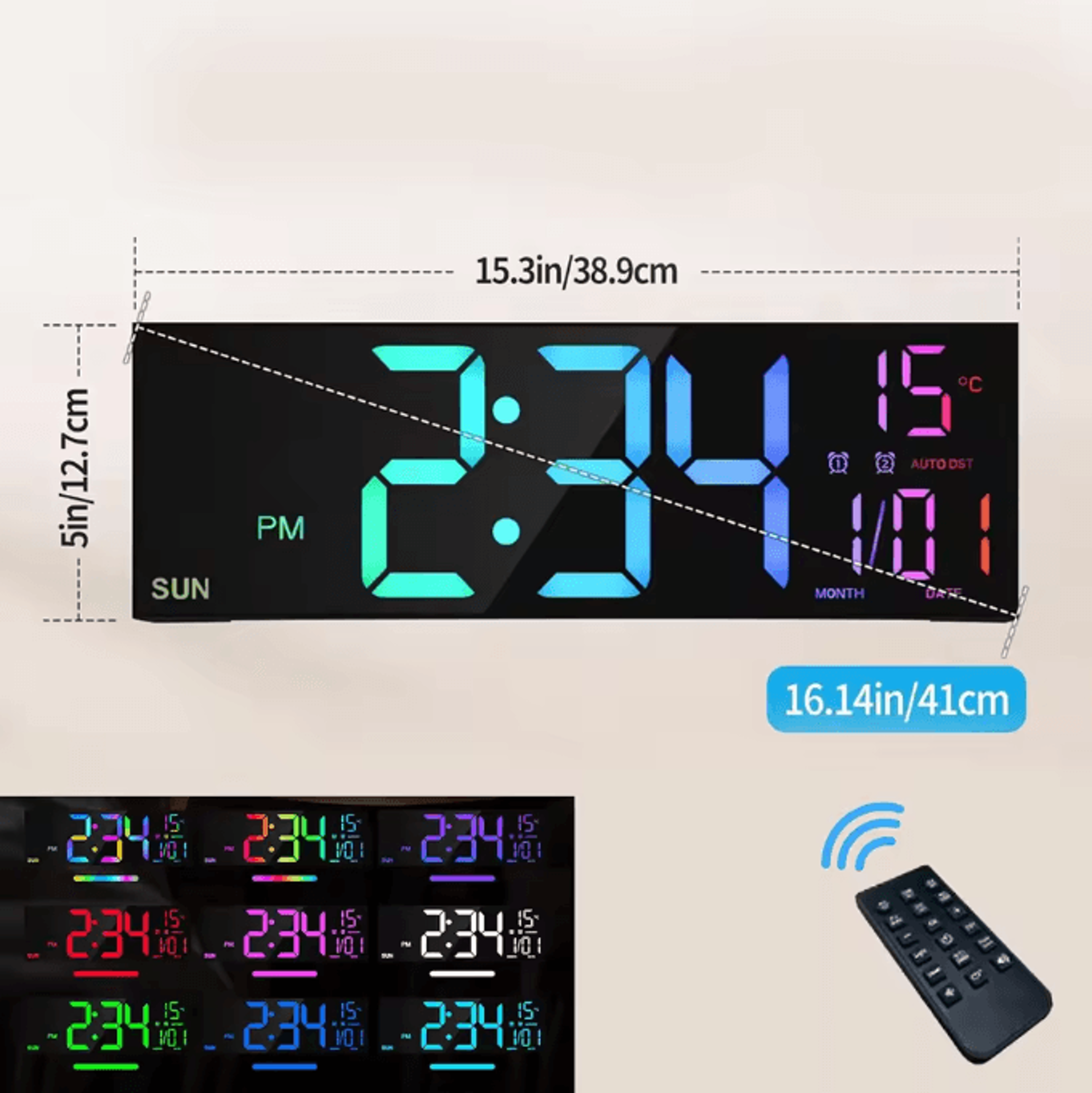 162Inches Large LED Digital Wall Clock With Remote  RGB Color Display Dual Alarm AutoDimming Modern 5