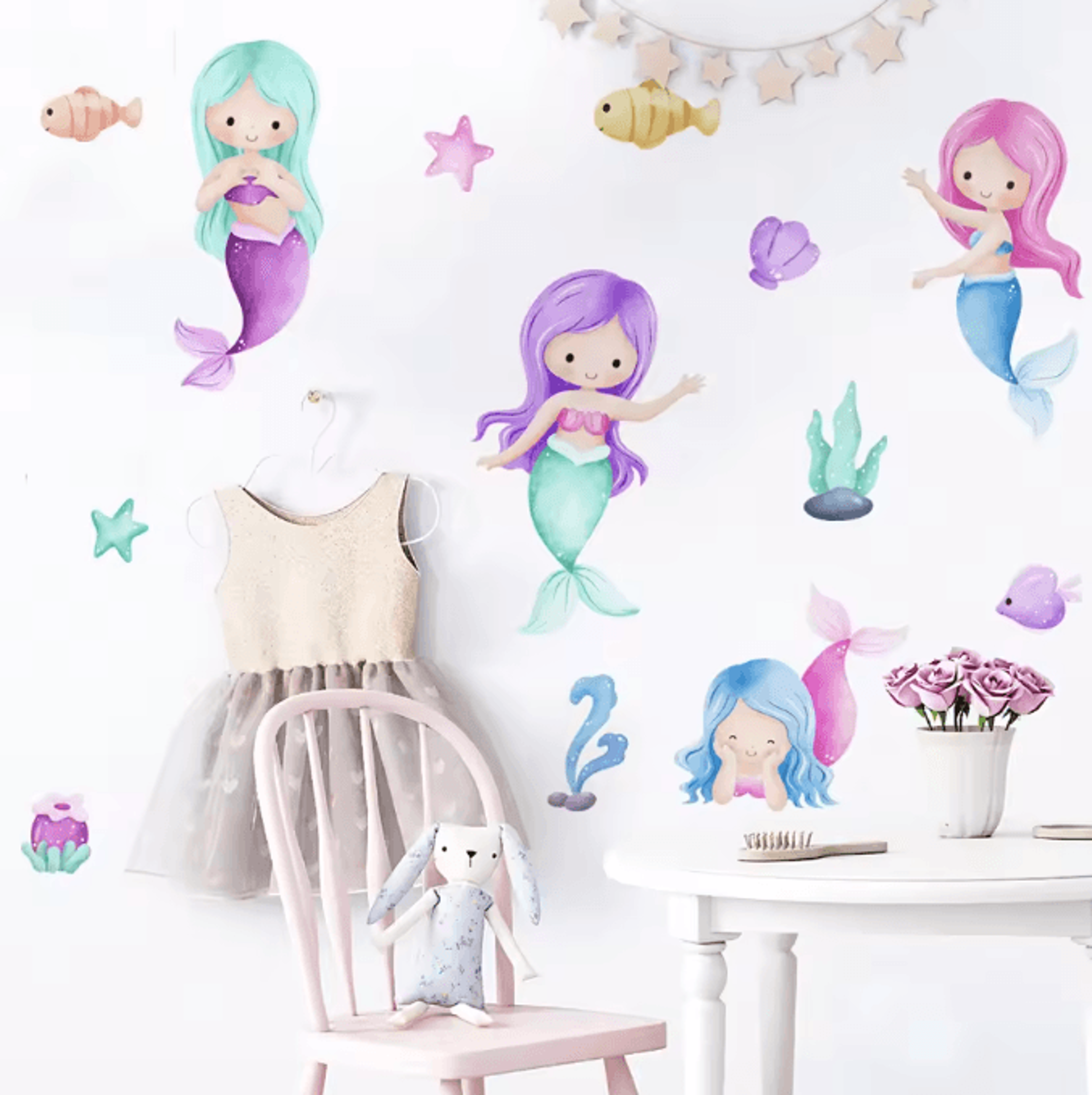 Cartoon Mermaid Watercolor Wall Stickers  Under The Sea Nursery Wall Decals For Girls Room Decor 2
