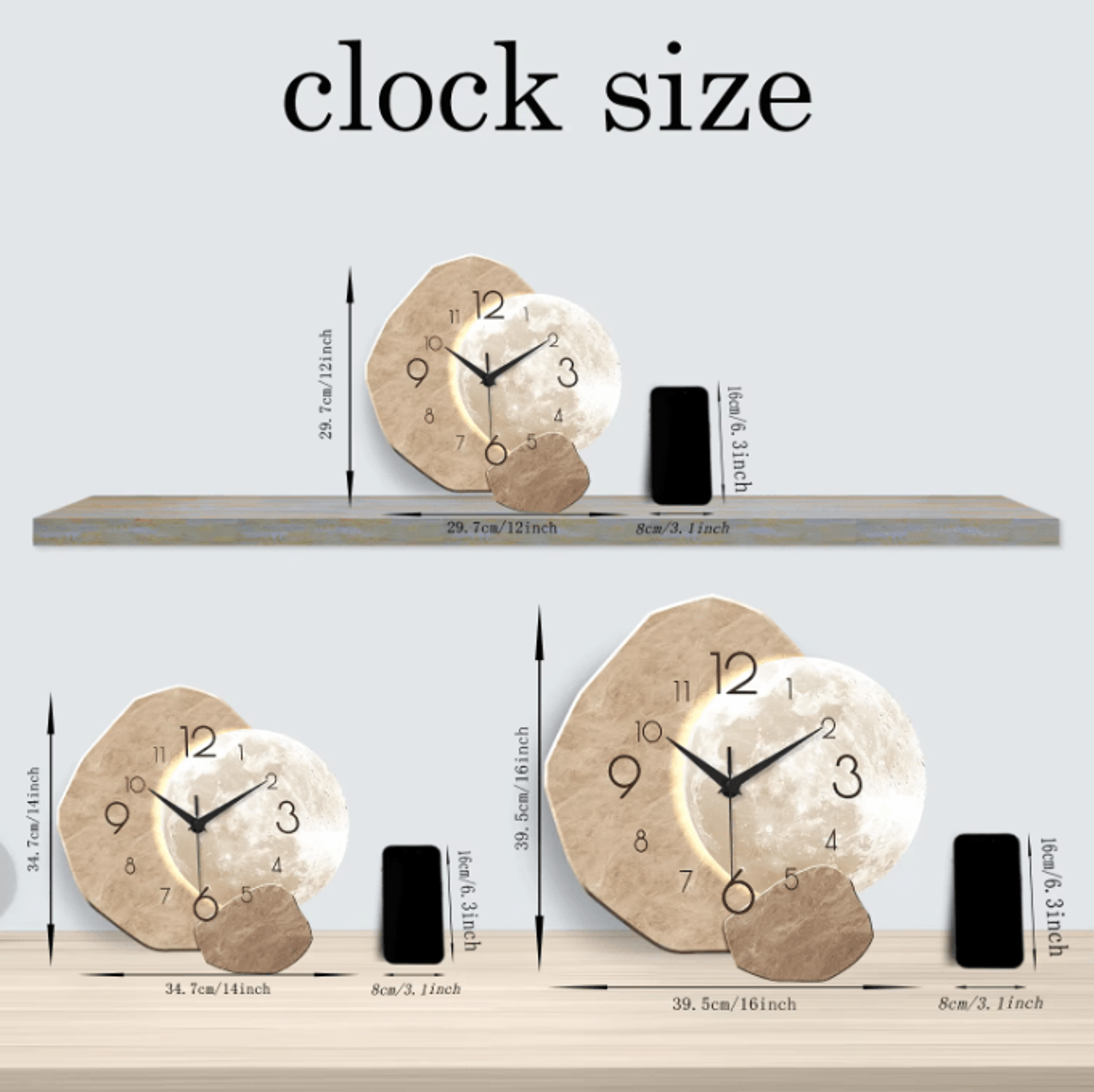 Modern Wooden Moon Wall Clock  Silent Quartz Minimalist Wall Decor For Bedroom  Living Room 4