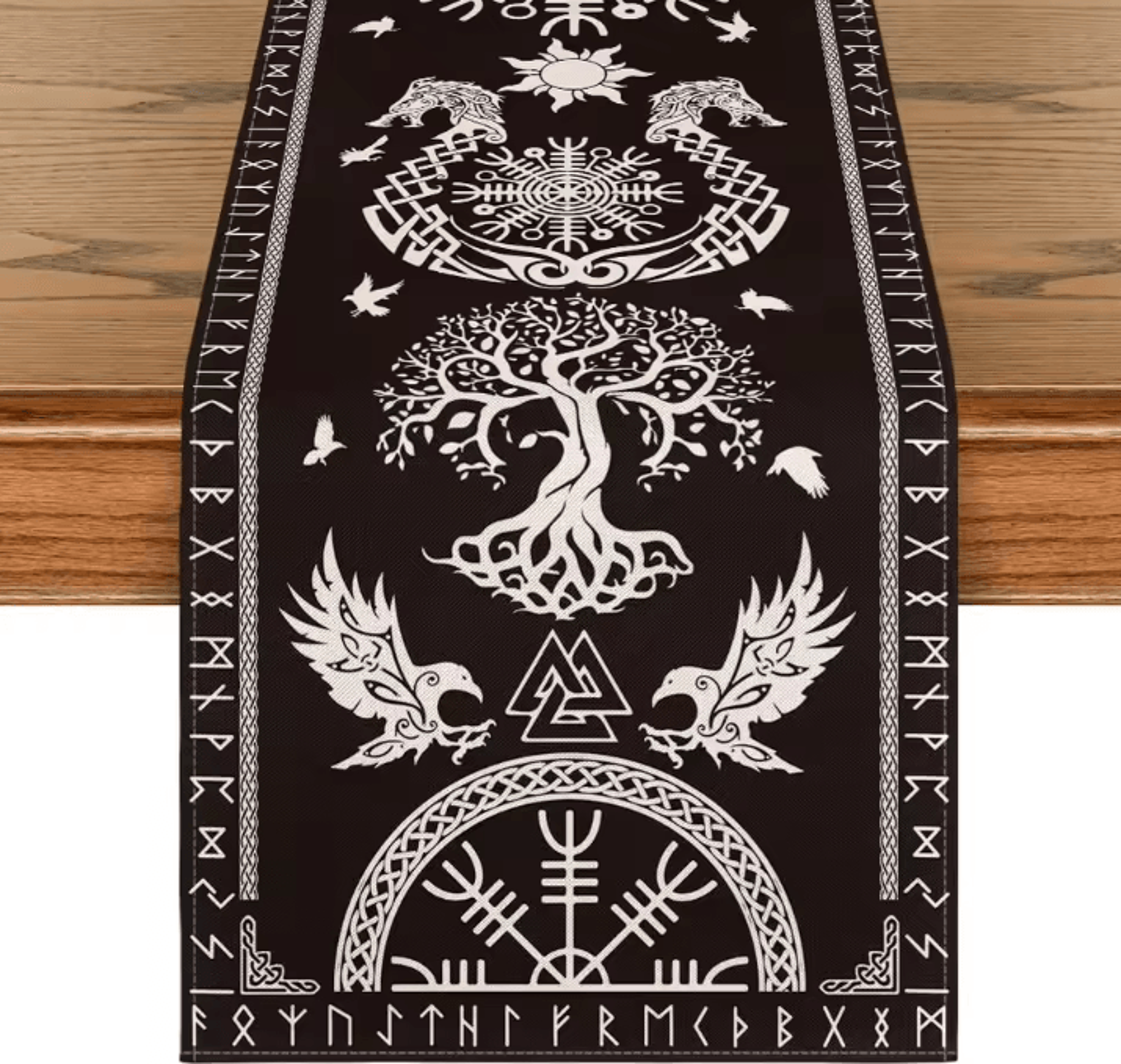 Viking Raven Helmet Of Awe Linen Table Runner Norse Mythology Dining Decor Reusable Holiday Table A 4