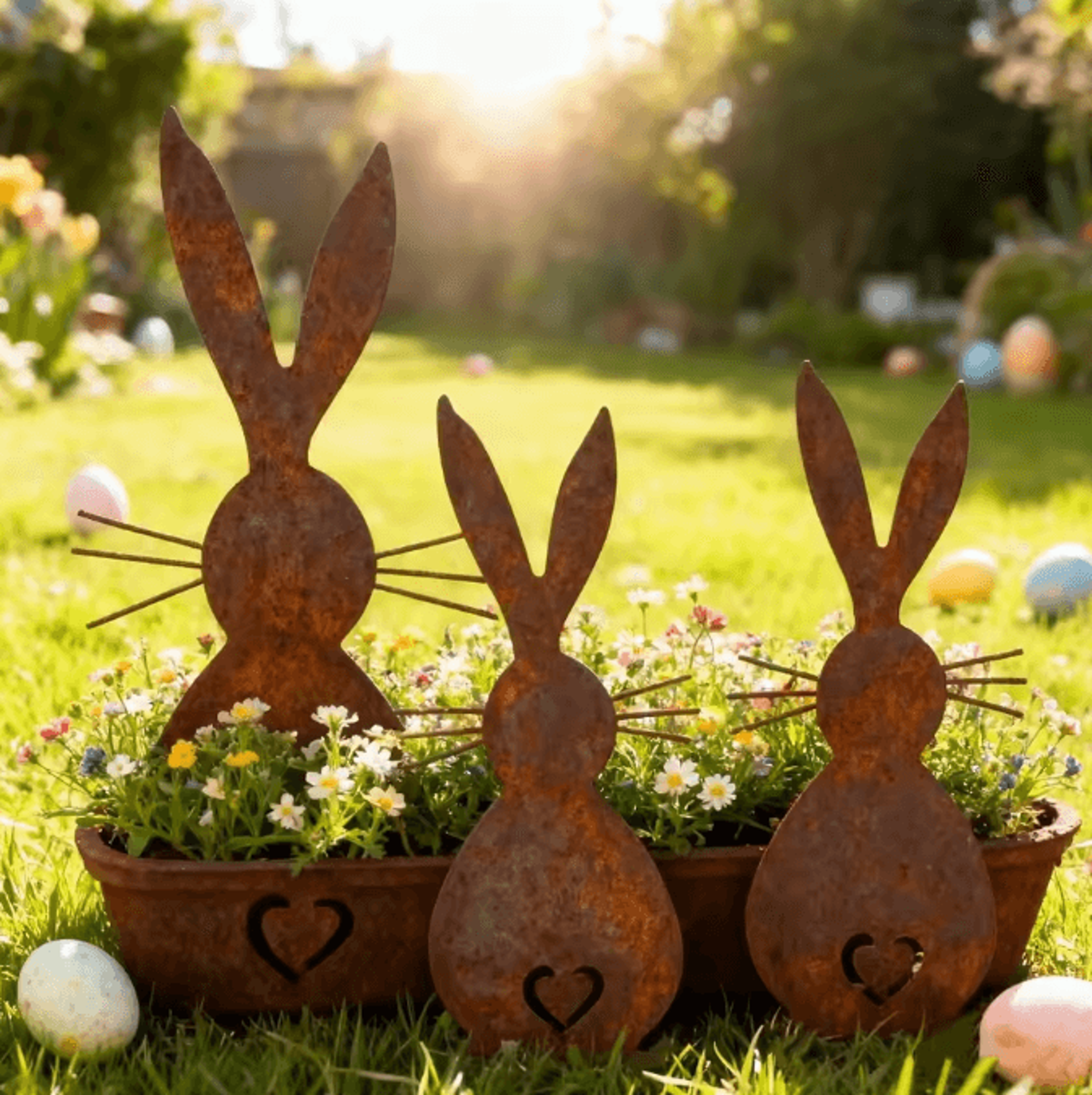 3Piece Rustic Easter Metal Garden Stakes  Vintage Yard  Flower Bed Decor 1