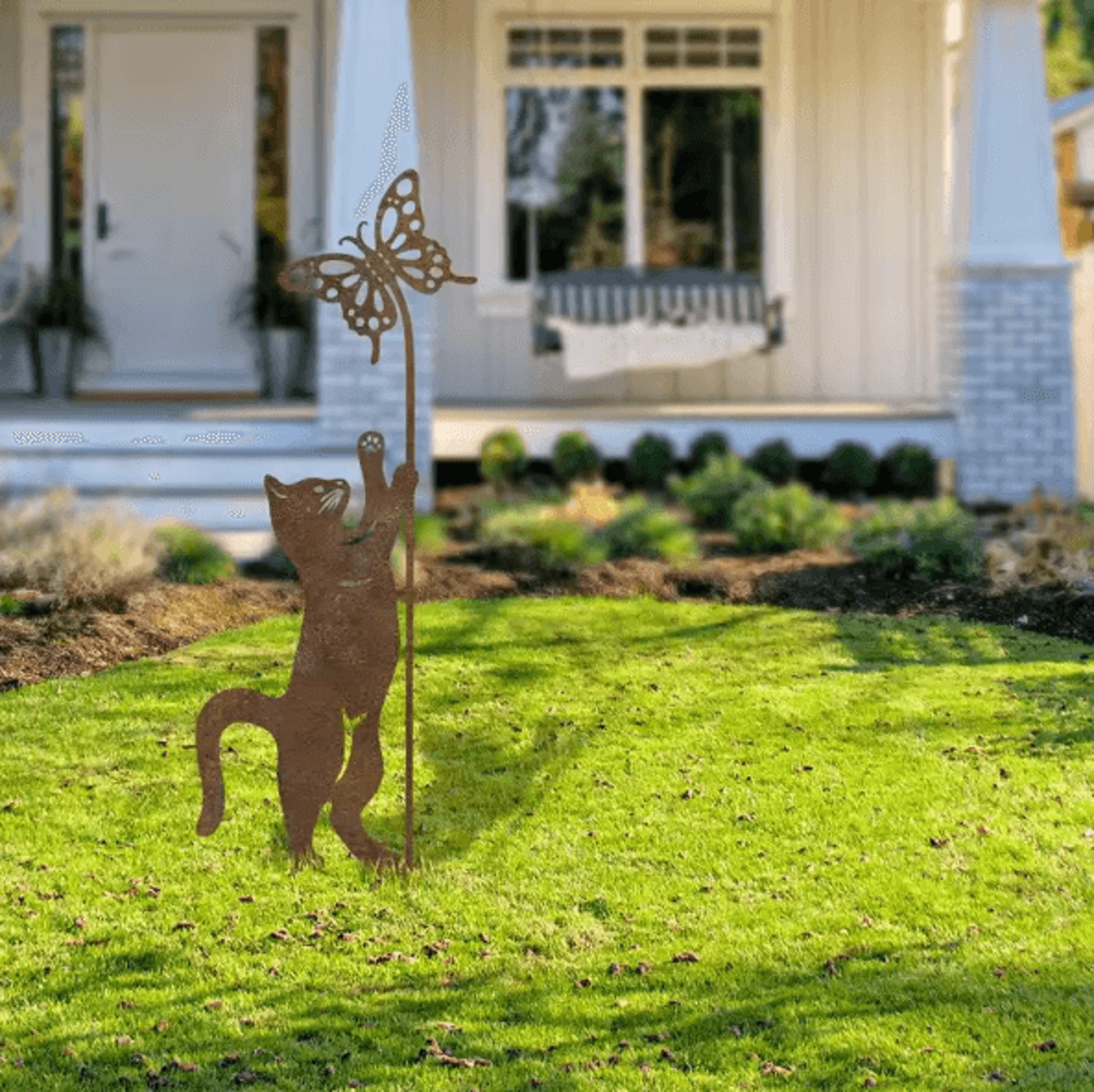 rustic metal cat garden stake with butterfly – whimsical outdoor yard art