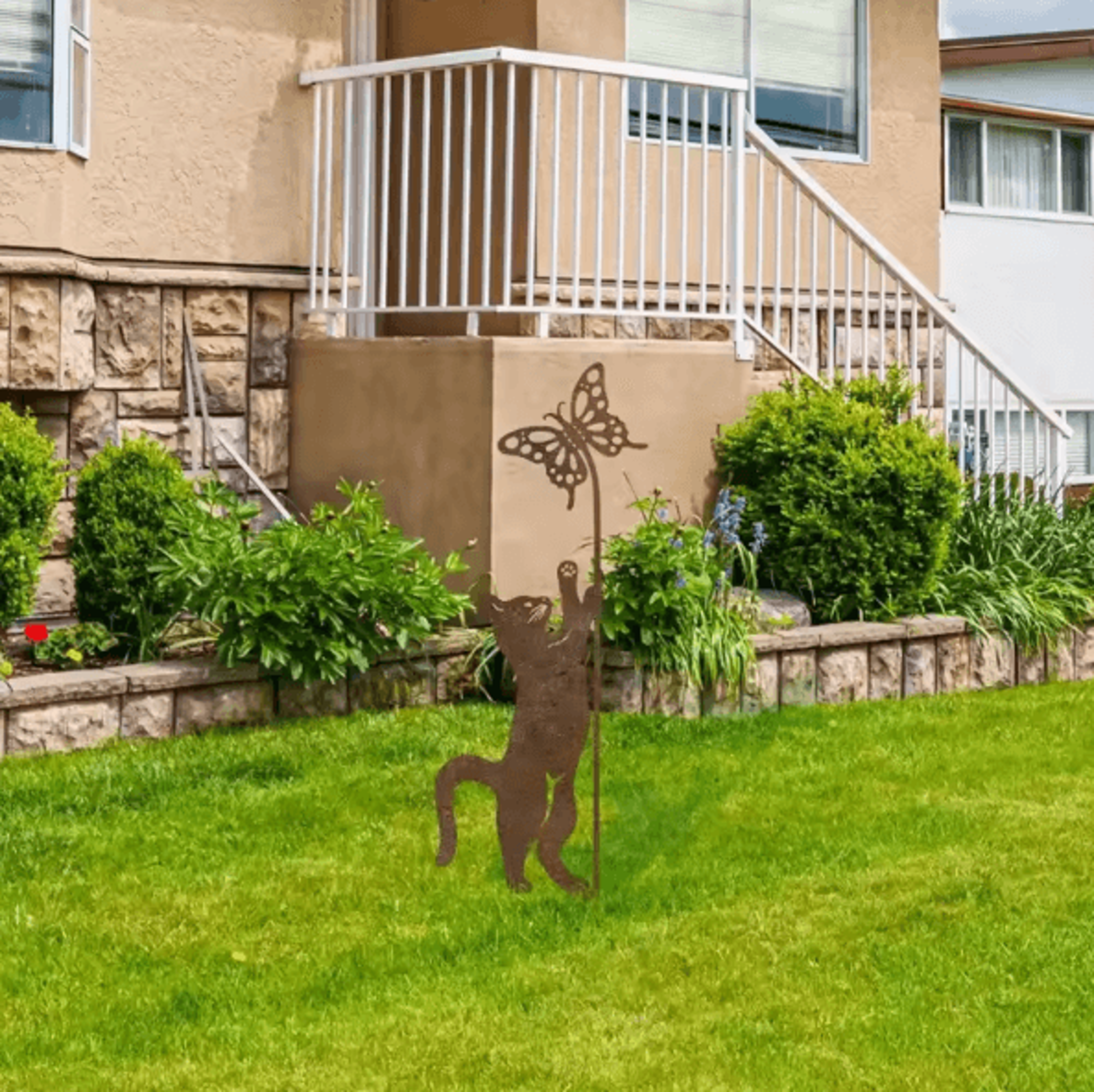 Rustic Metal Cat Garden Stake With Butterfly  Whimsical Outdoor Yard Art 3