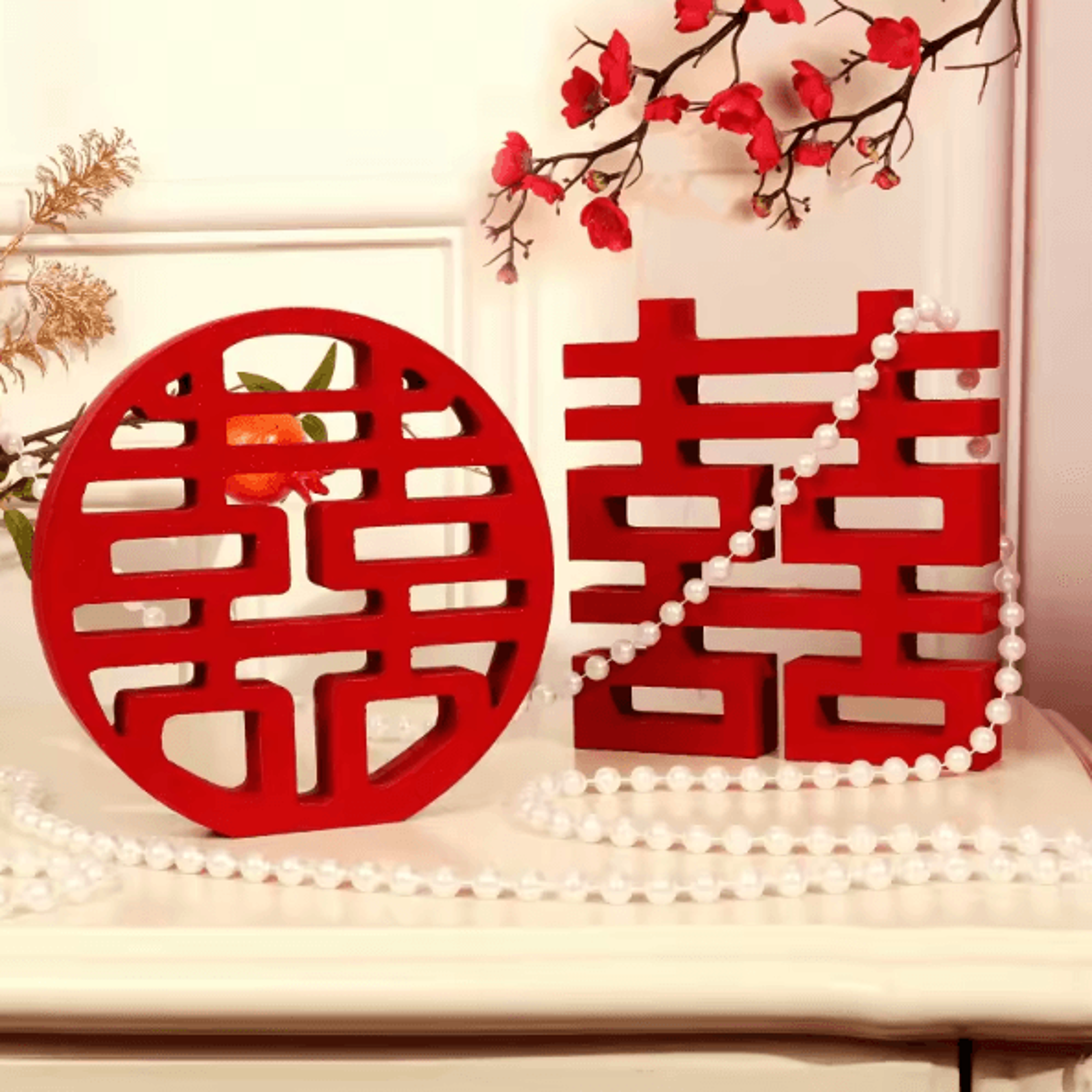 Red Wooden Double Happiness Xi Symbol Decor  Traditional Wedding  Festive Accent 1