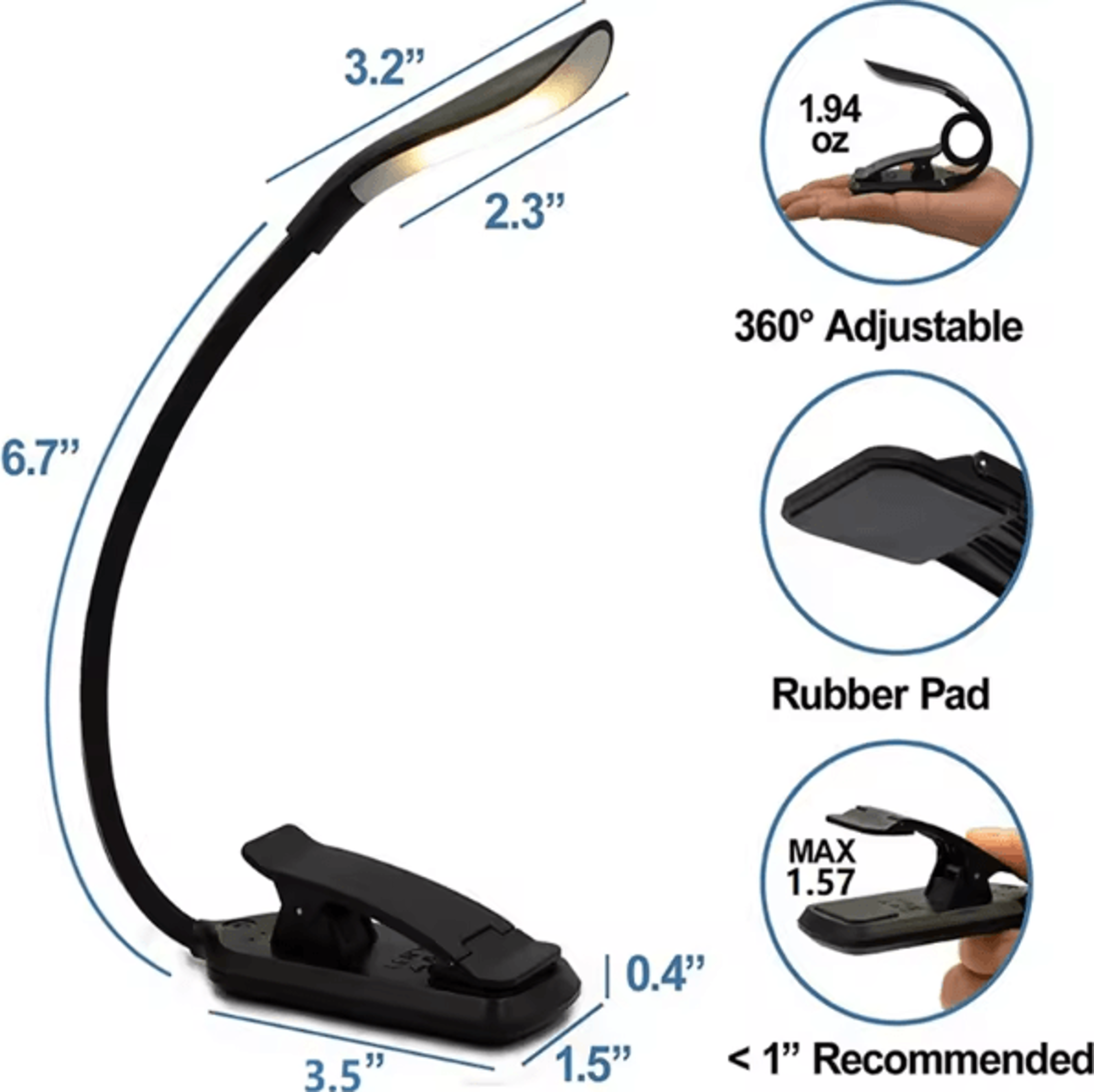 mini usb rechargeable clip-on book light – flexible led reading lamp