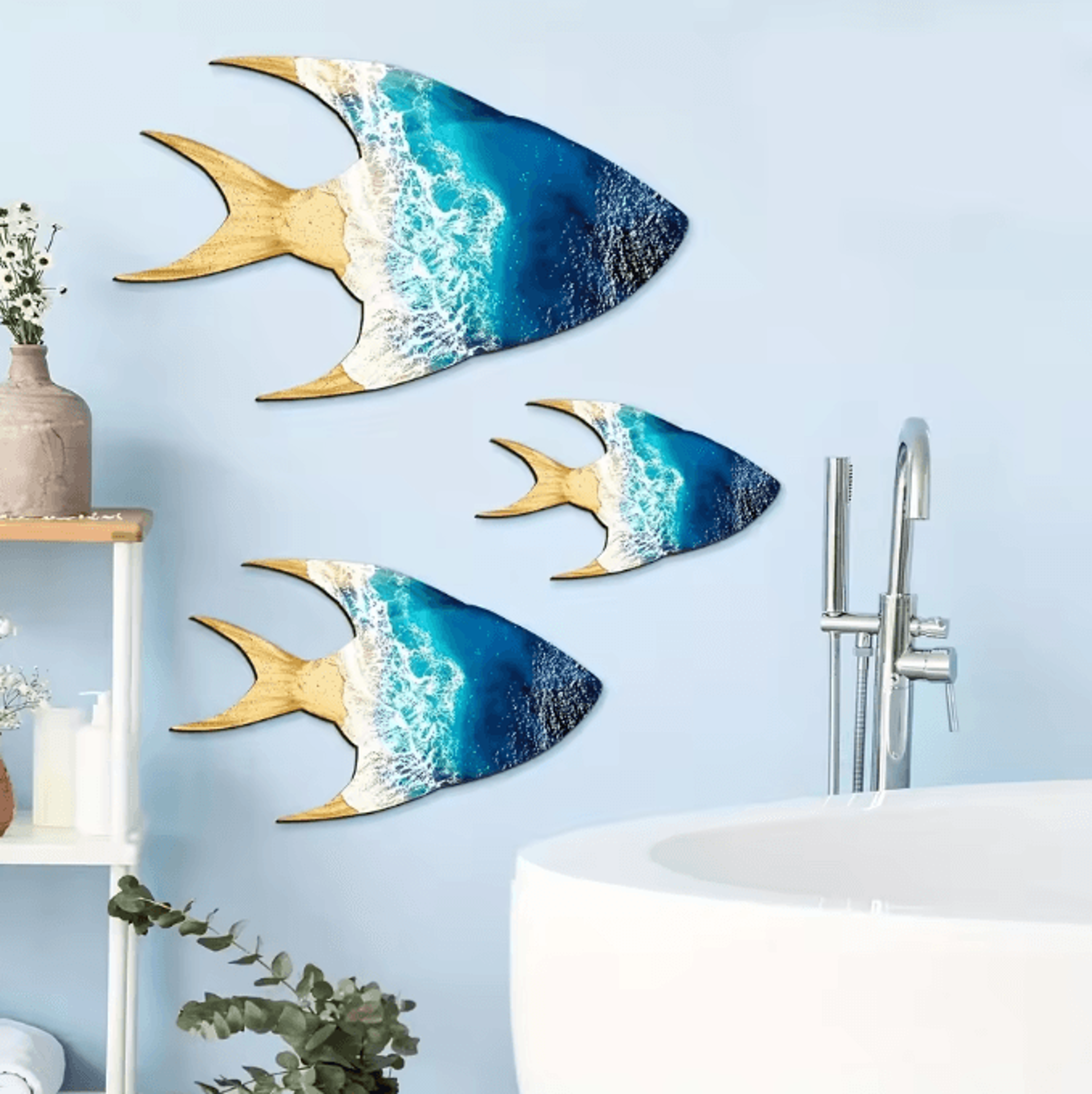 3pcs blue wooden sailboat wall decor – coastal farmhouse nautical art set