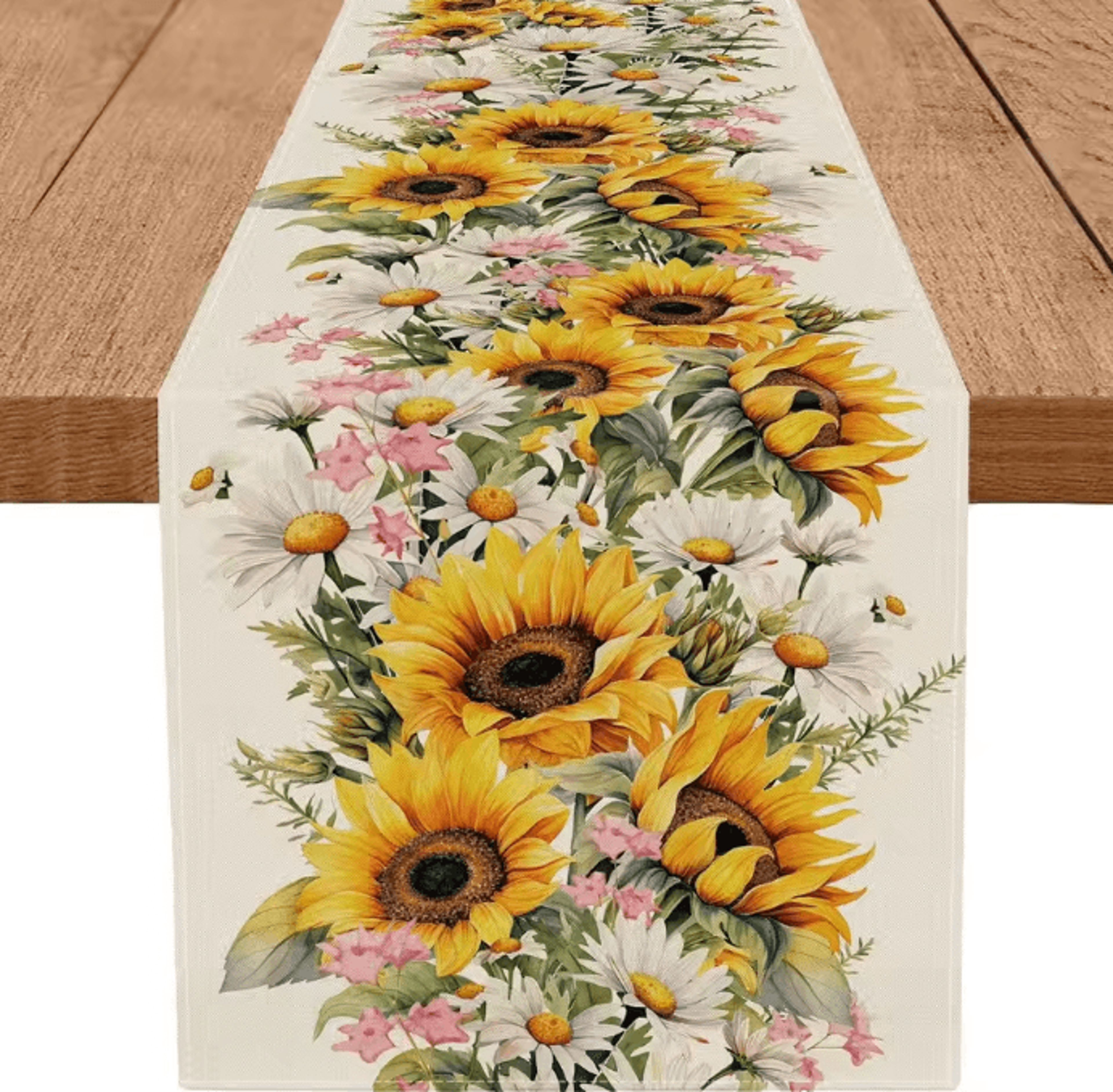 spring sunflower & daisy linen table runner – farmhouse floral dining decor