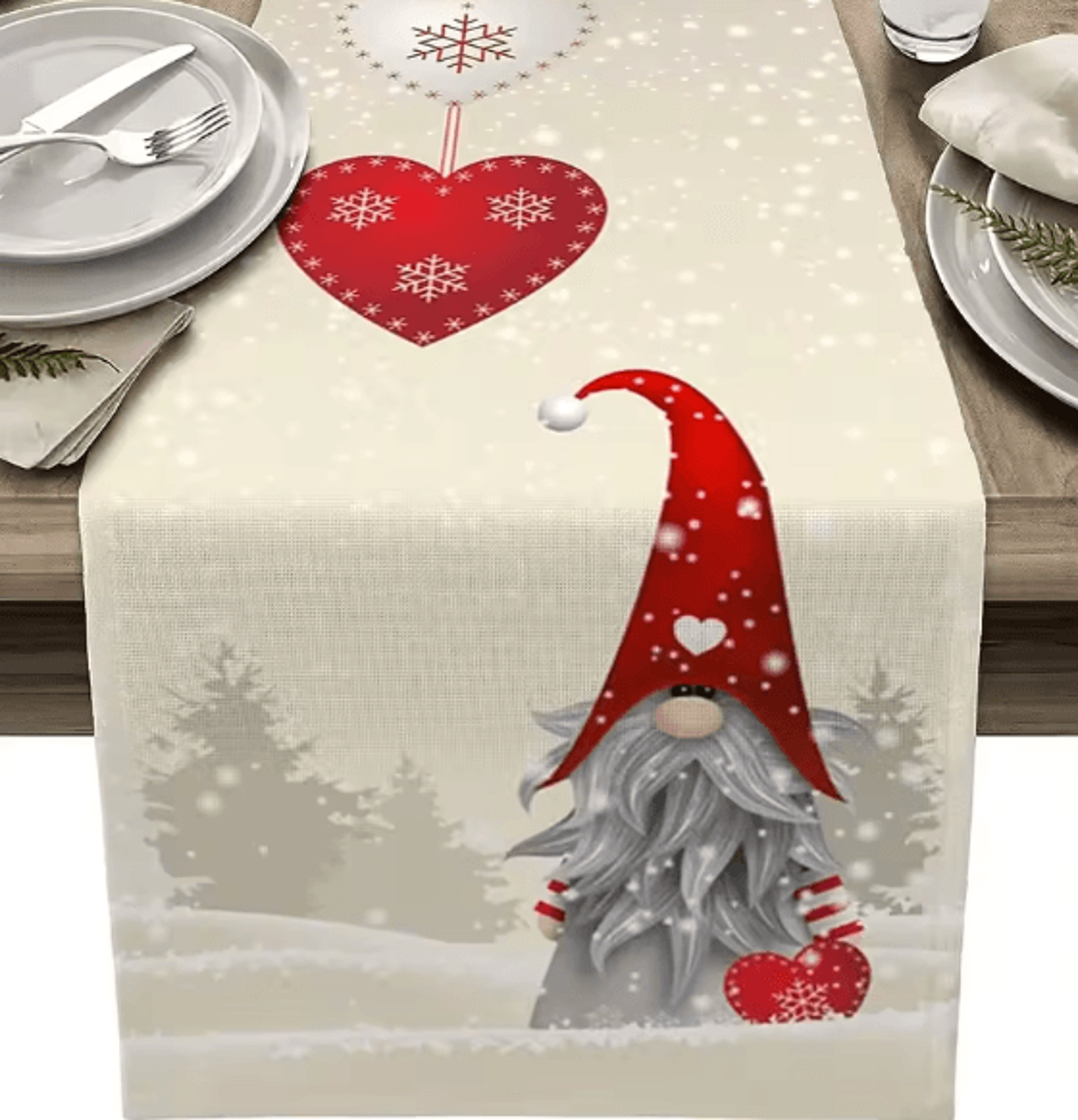 christmas gnome snowflake linen table runner – festive farmhouse dining decor