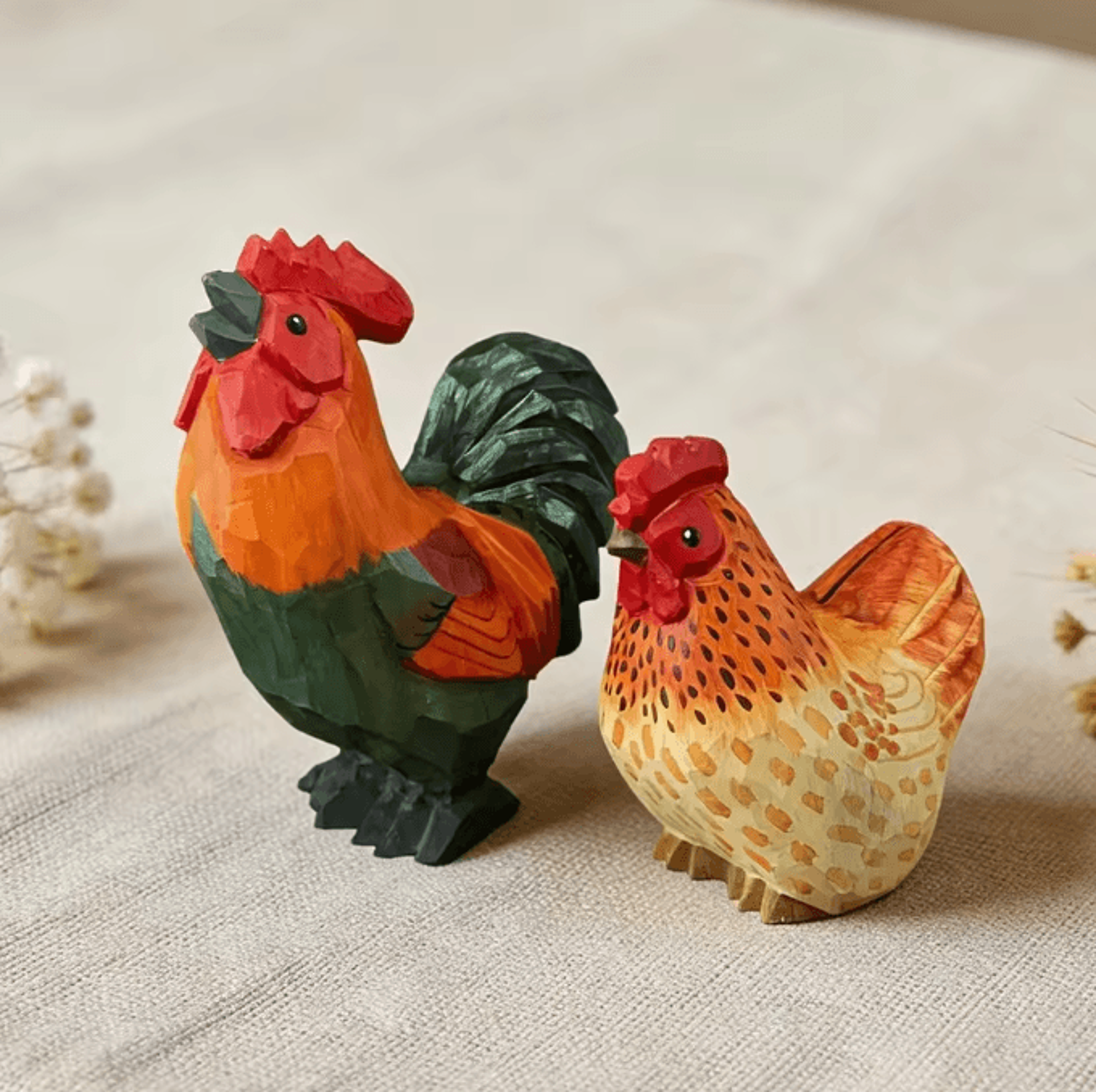 HandCarved Wooden Rooster  Hen Figurine Set  Rustic Farmhouse Decor 1
