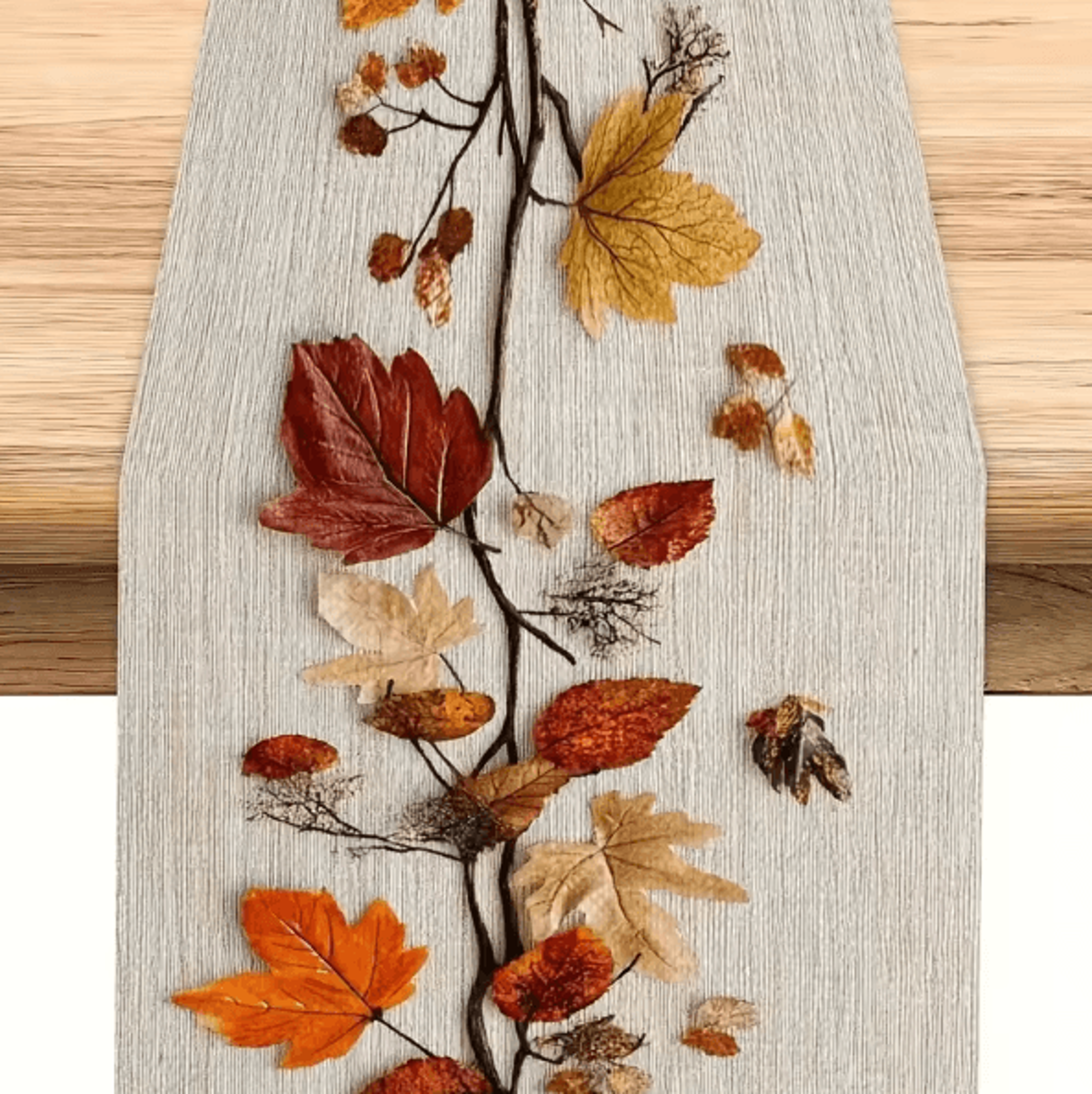 autumn fallen leaf linen table runner – natural botanical dining decor