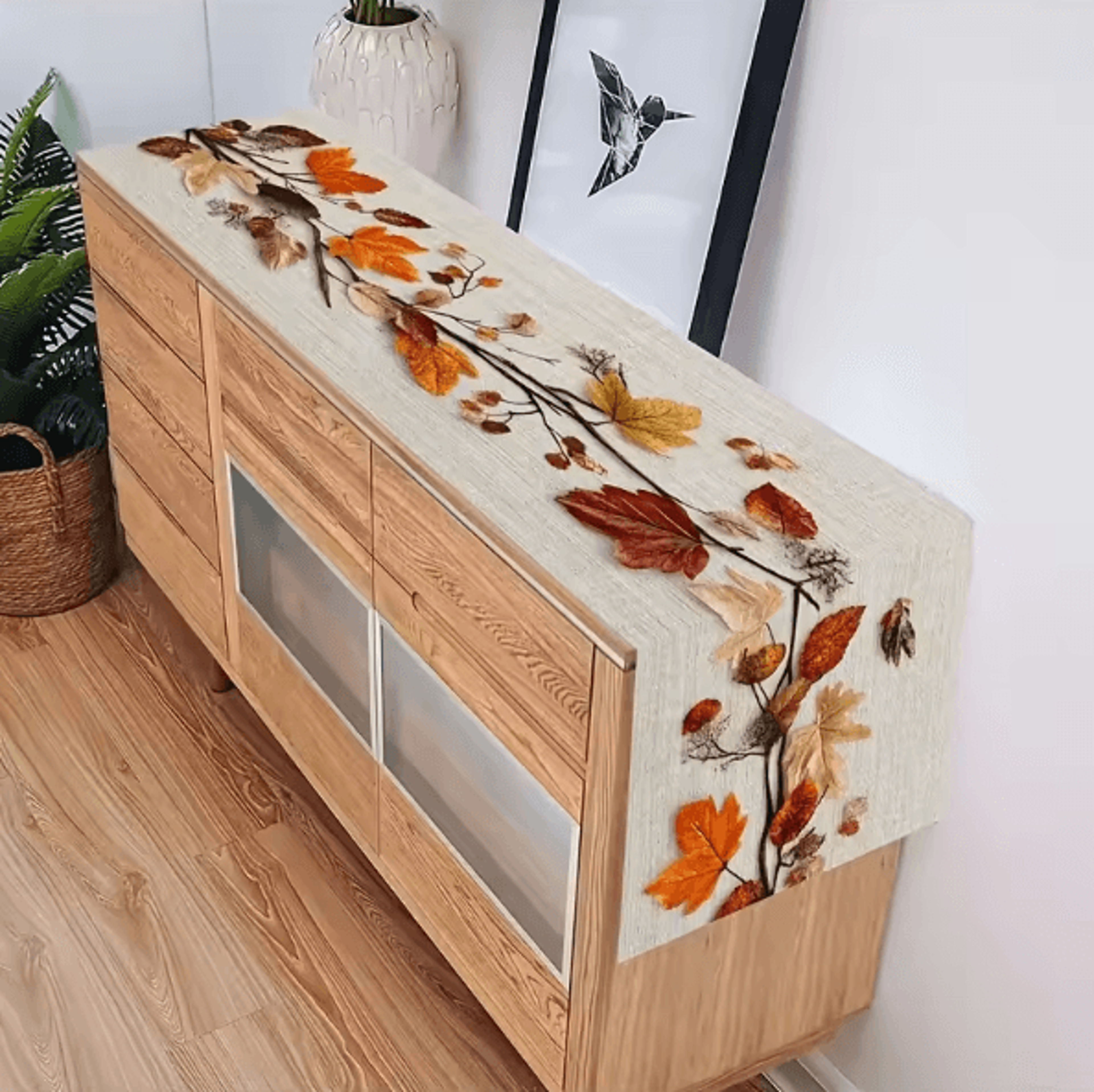 Autumn Fallen Leaf Linen Table Runner  Natural Botanical Dining Decor 4