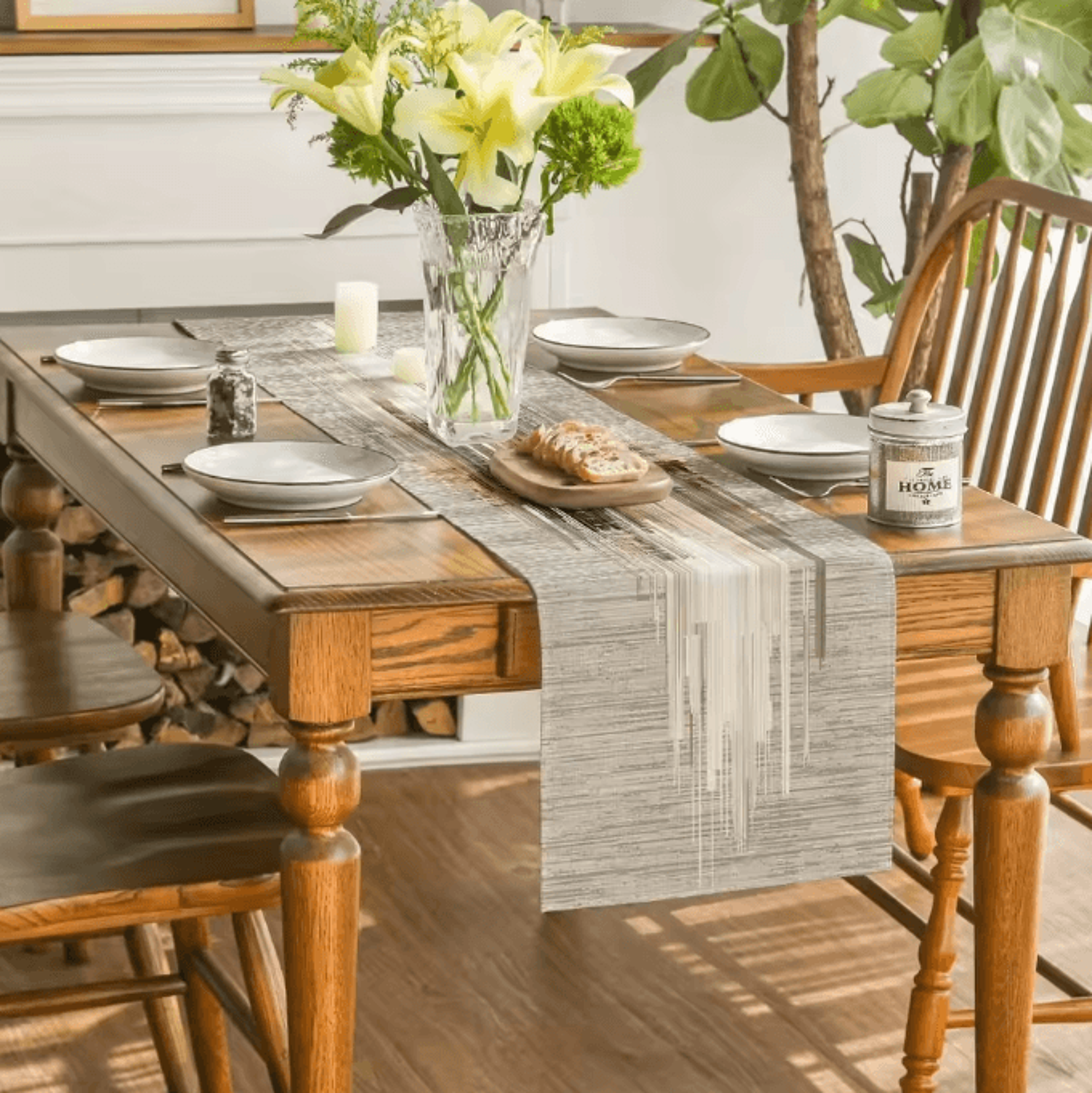 Modern Abstract Striped Linen Table Runner  Minimalist Neutral Dining Decor 1