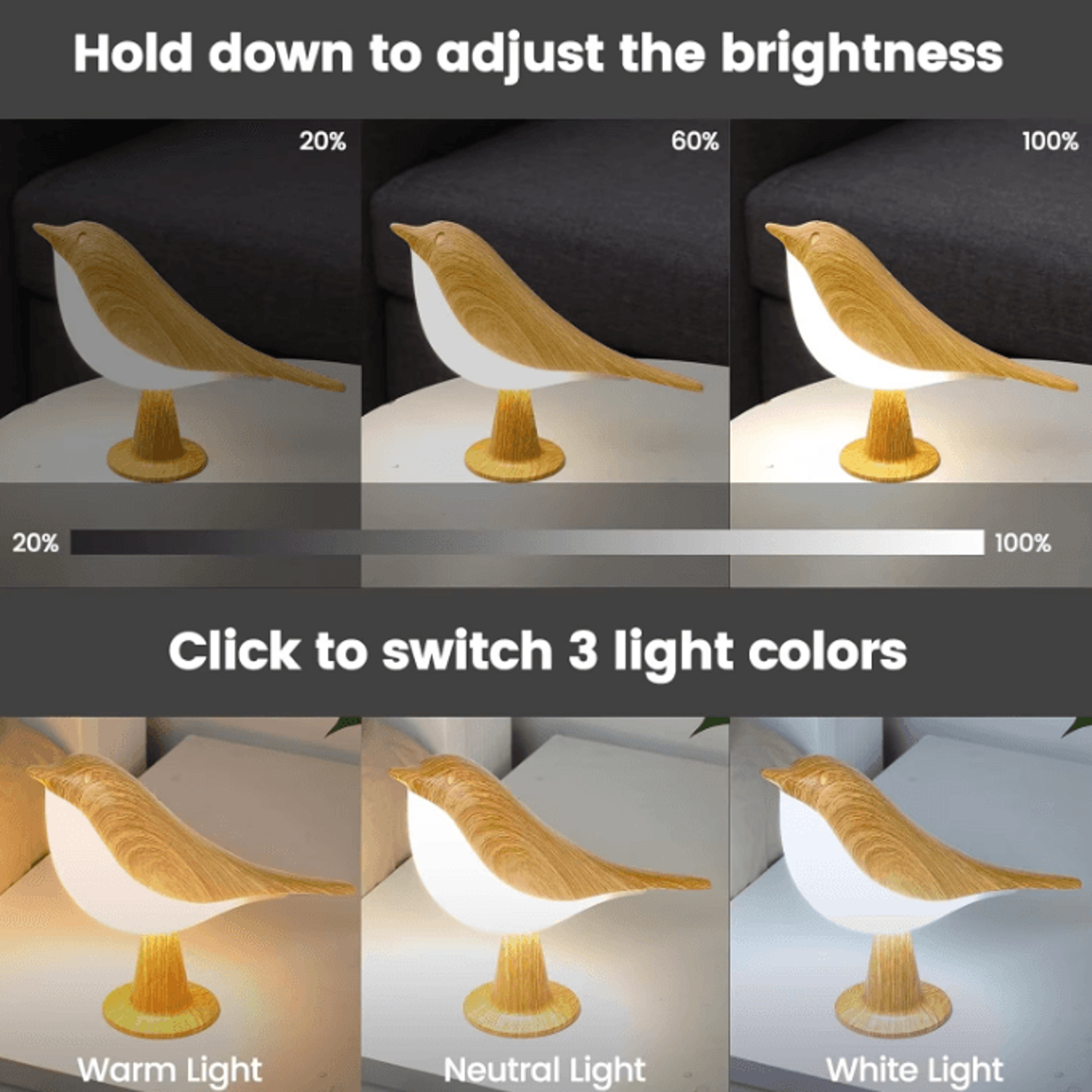 LED TouchControl Bird Lamp  Rechargeable Dimmable Art Deco Night Light 4