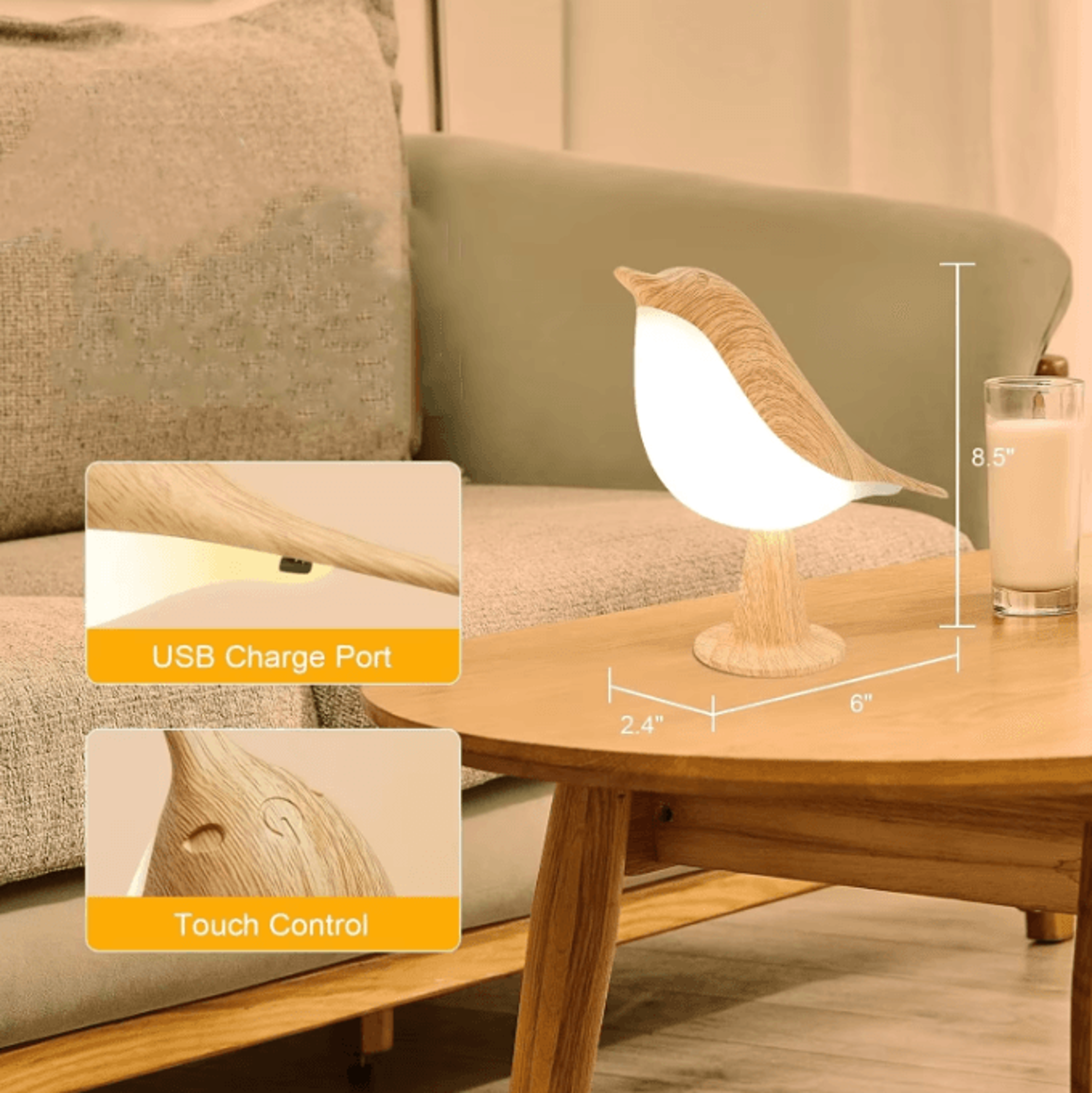 LED TouchControl Bird Lamp  Rechargeable Dimmable Art Deco Night Light 5