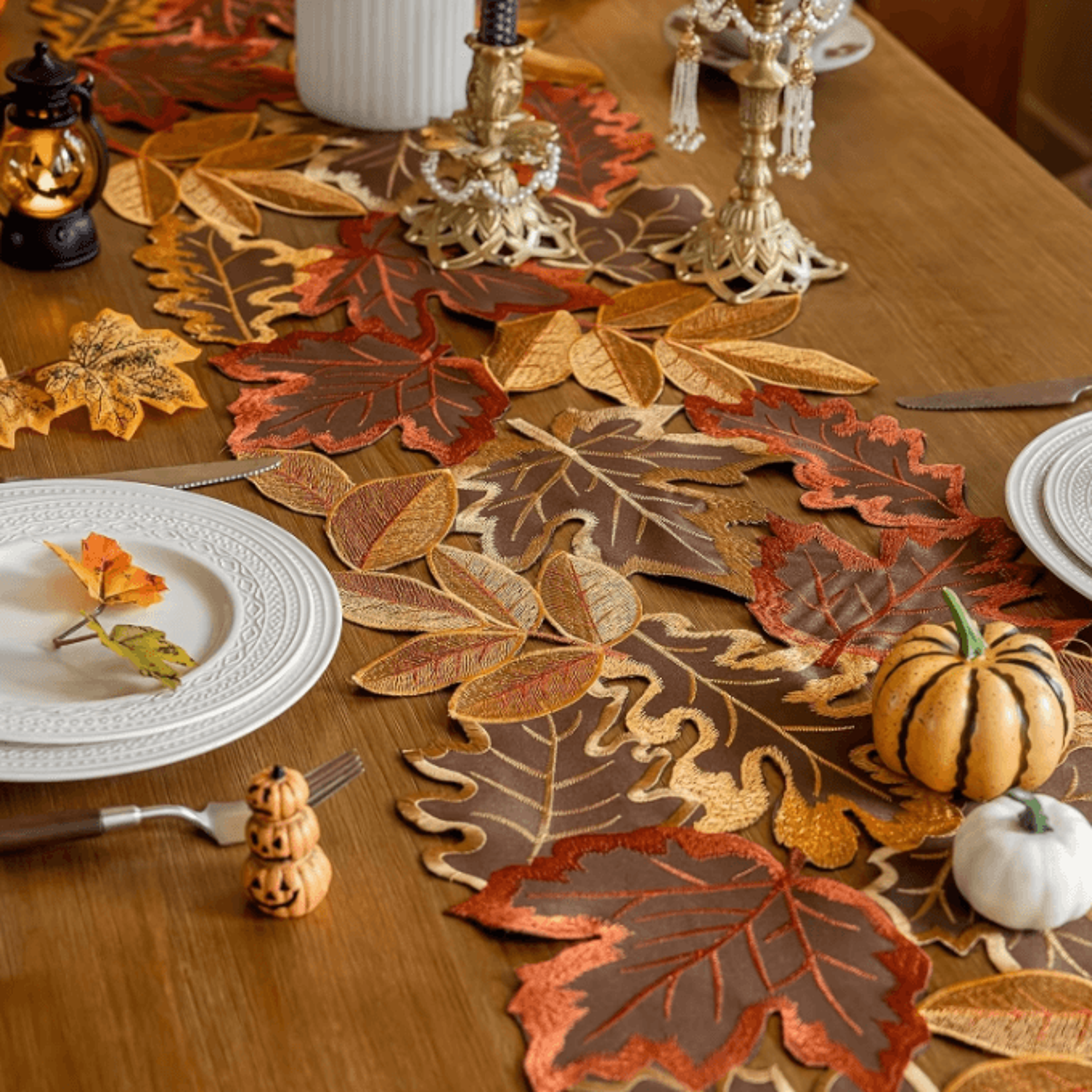 Embroidered Autumn Maple Leaf Table Runner  Rustic Farmhouse Thanksgiving Decor 1