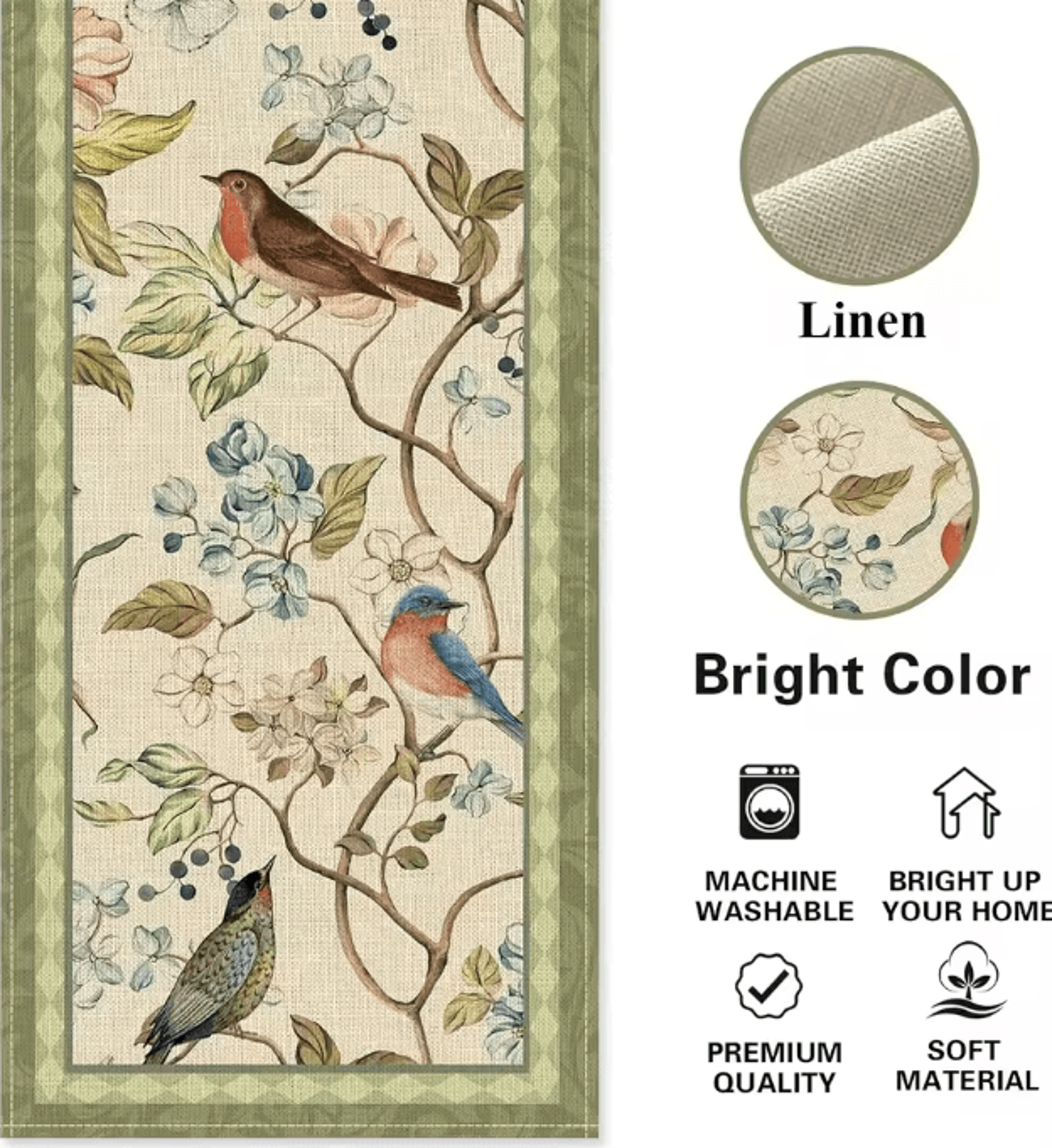 Vintage Floral Bird Linen Table Runner  Farmhouse Kitchen Dining Decor 4