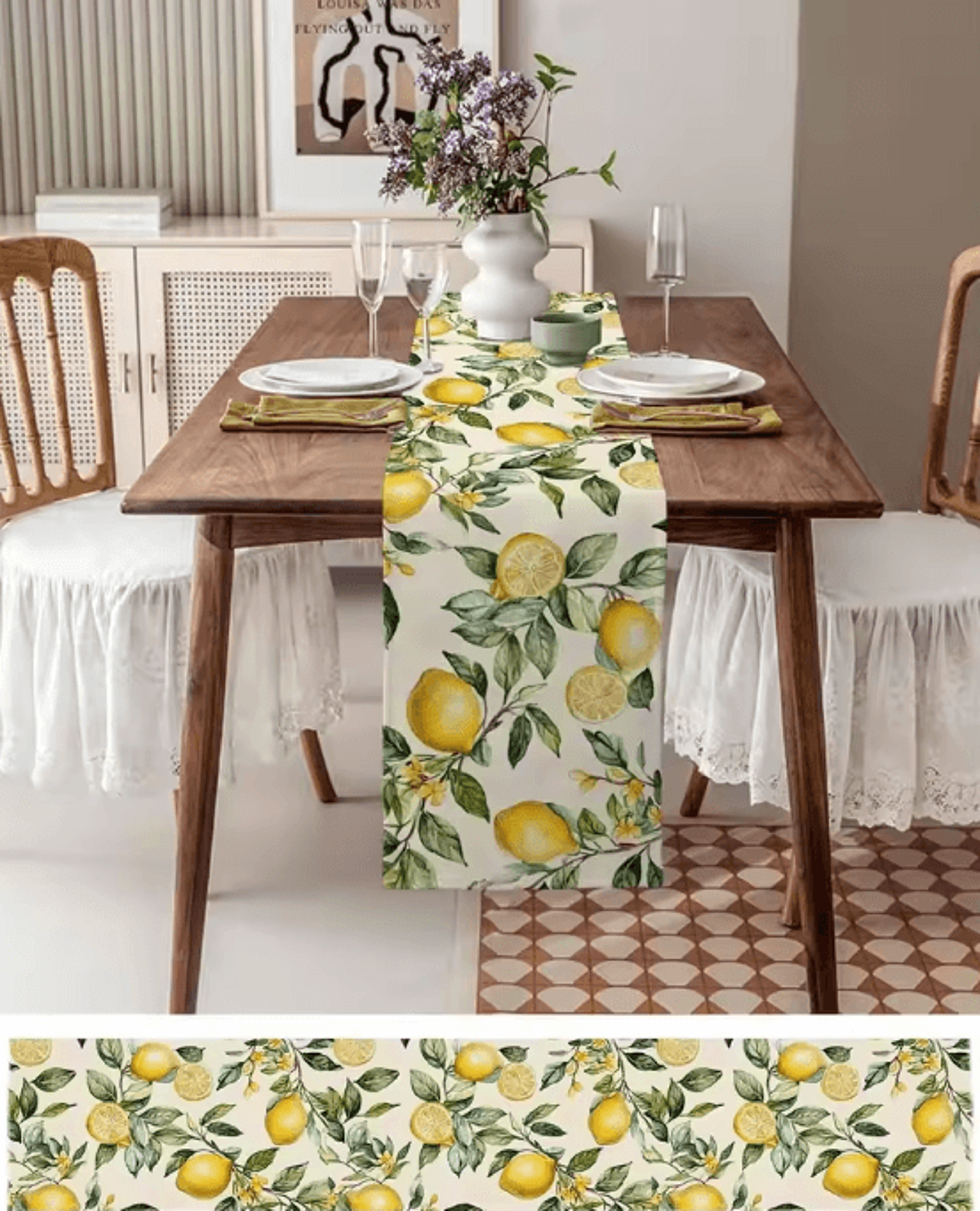 Watercolor Lemon Linen Table Runner  Summer Farmhouse Kitchen Decor 3