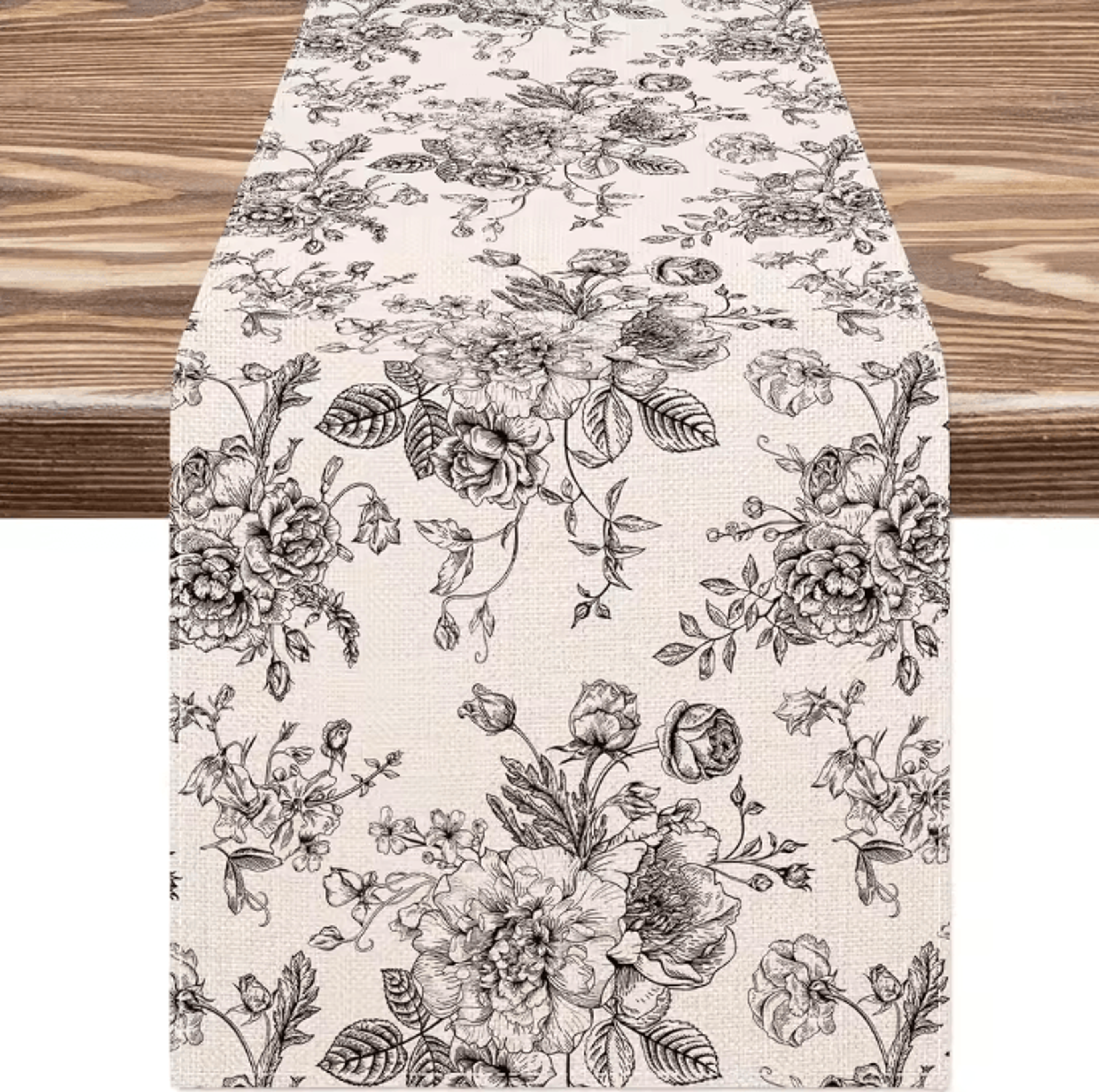 Chinoiserie Blue Floral Linen Table Runner  Elegant Farmhouse Dining Decor 7