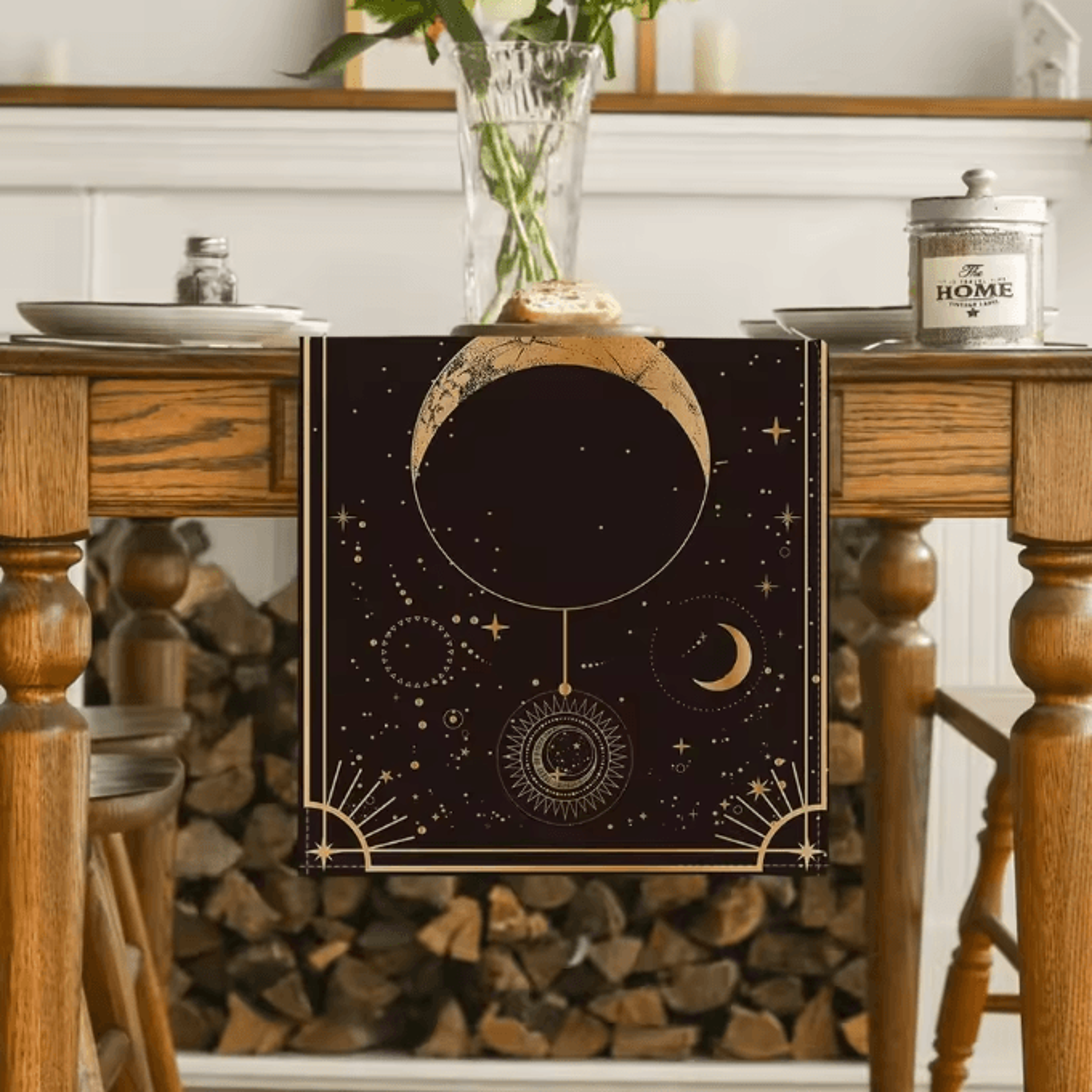 Astrology Moon Phase Linen Table Runner  Mystical Gothic Table Decor 1