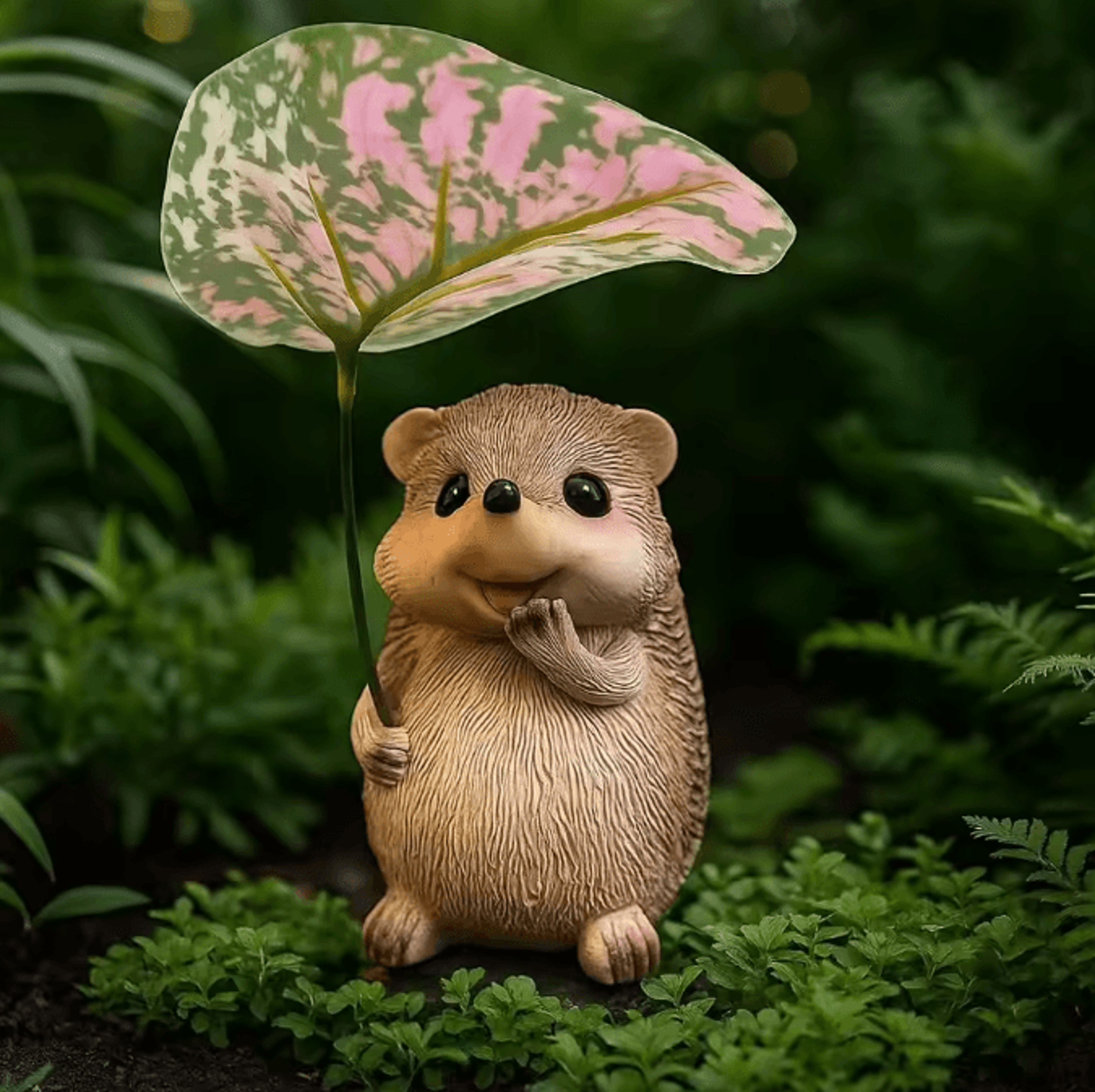 Cute Hedgehog Garden Statue With Leaf Umbrella  Resin Animal Figurine Outdoor Decor 3