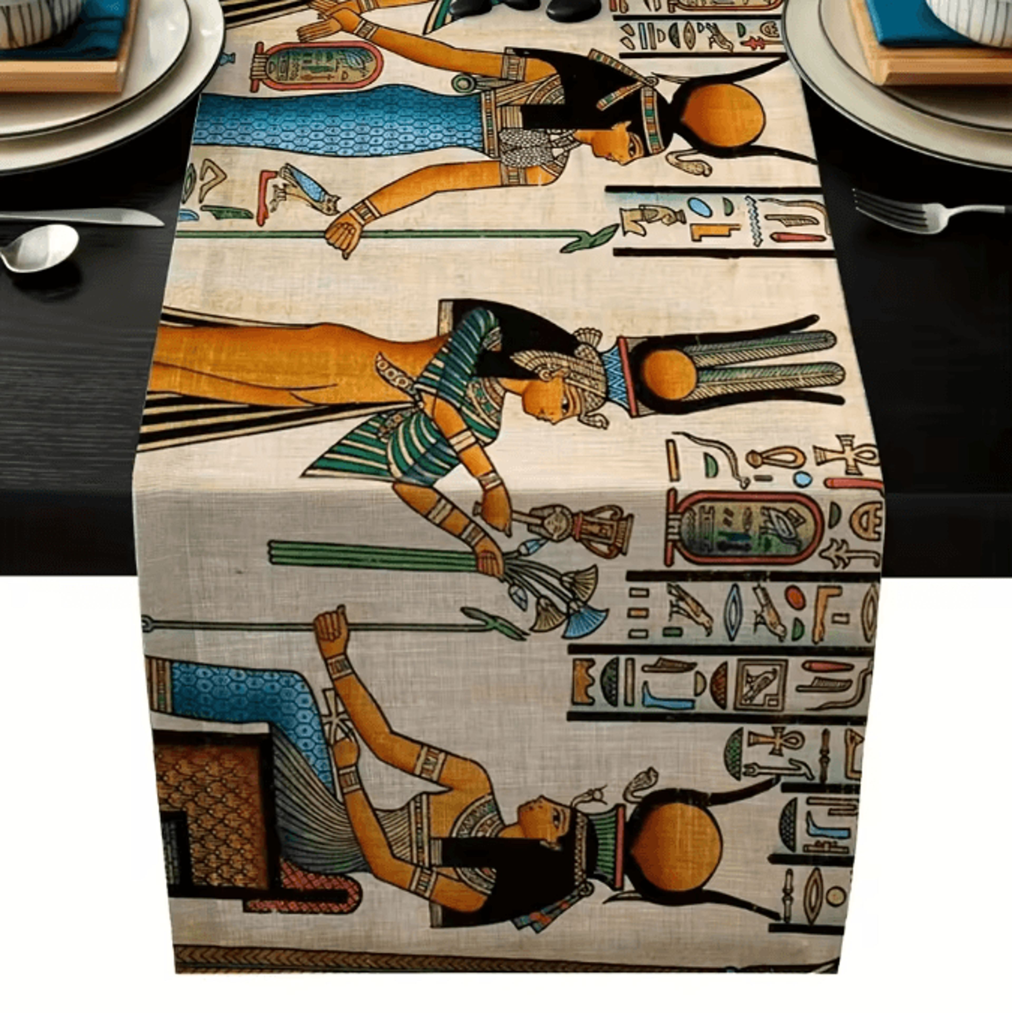 ancient egyptian linen table runner – ethnic mural dining decor for kitchen & holiday tables