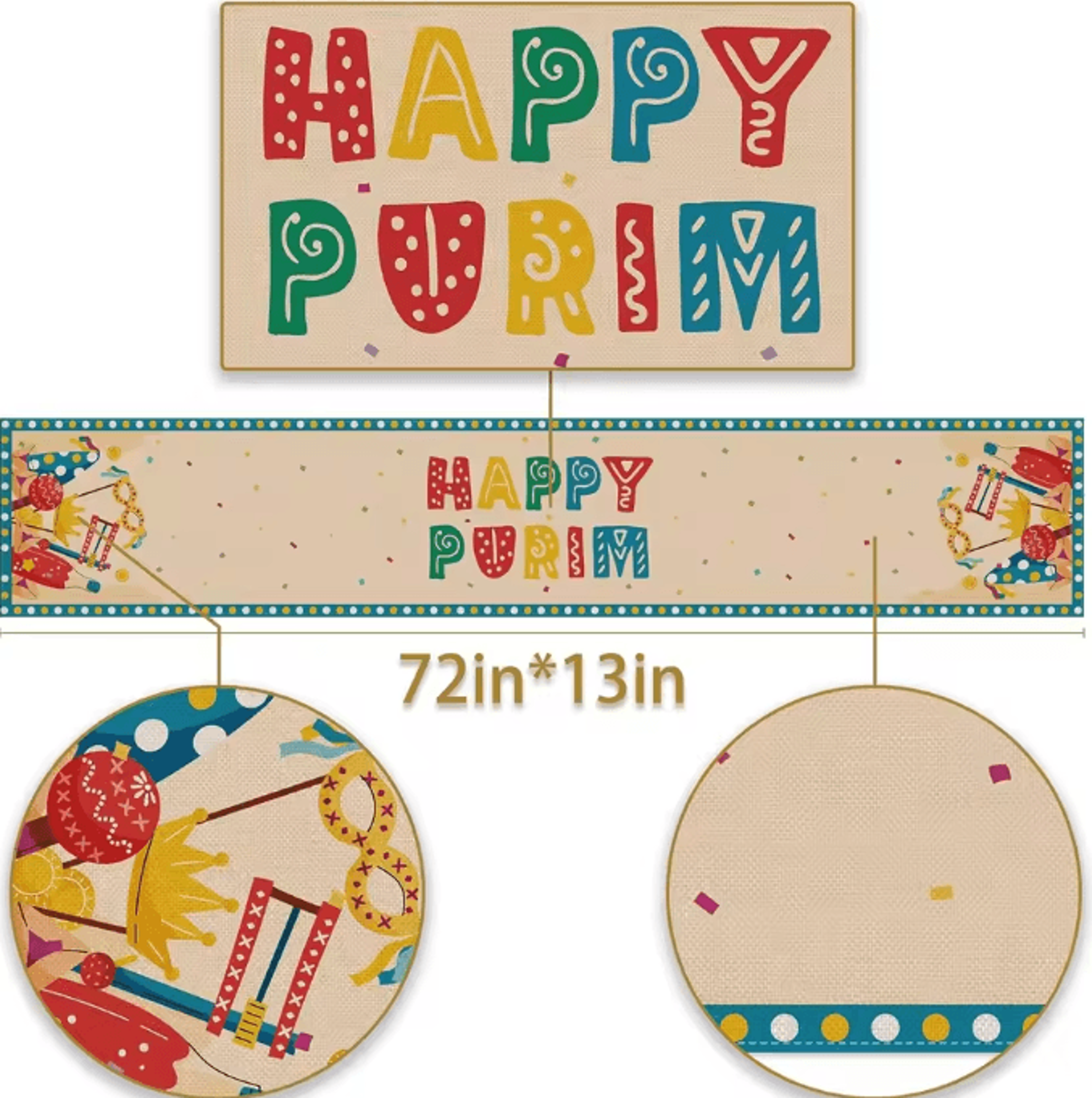 Happy Purim Linen Table Runner  Festive Jewish Holiday Carnival Table Decor 5