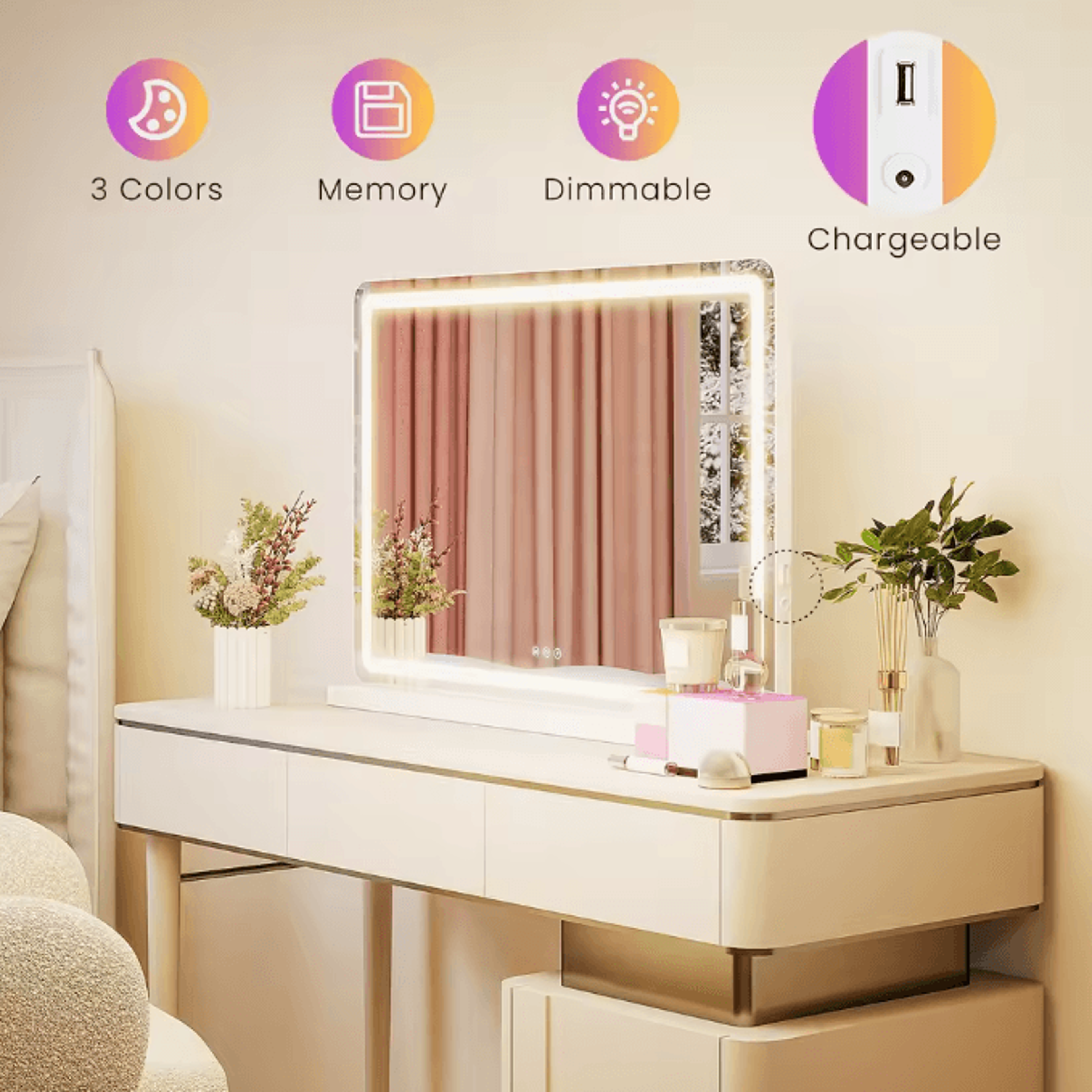 JHK LED Vanity Mirror With Lights  Dimmable 3Color Aluminum Frame Makeup  Bathroom Mirror 3