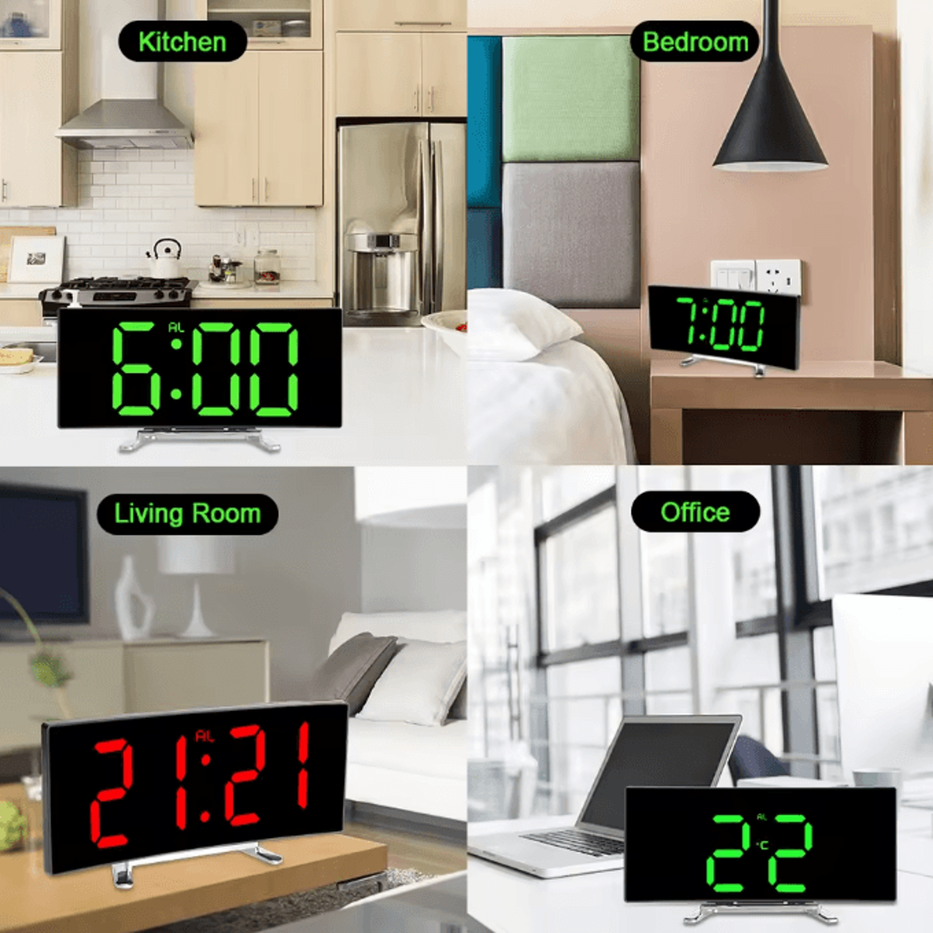 7Inch Curved LED Mirror Alarm Clock  Dimmable Digital Table Clock With Large Display 2