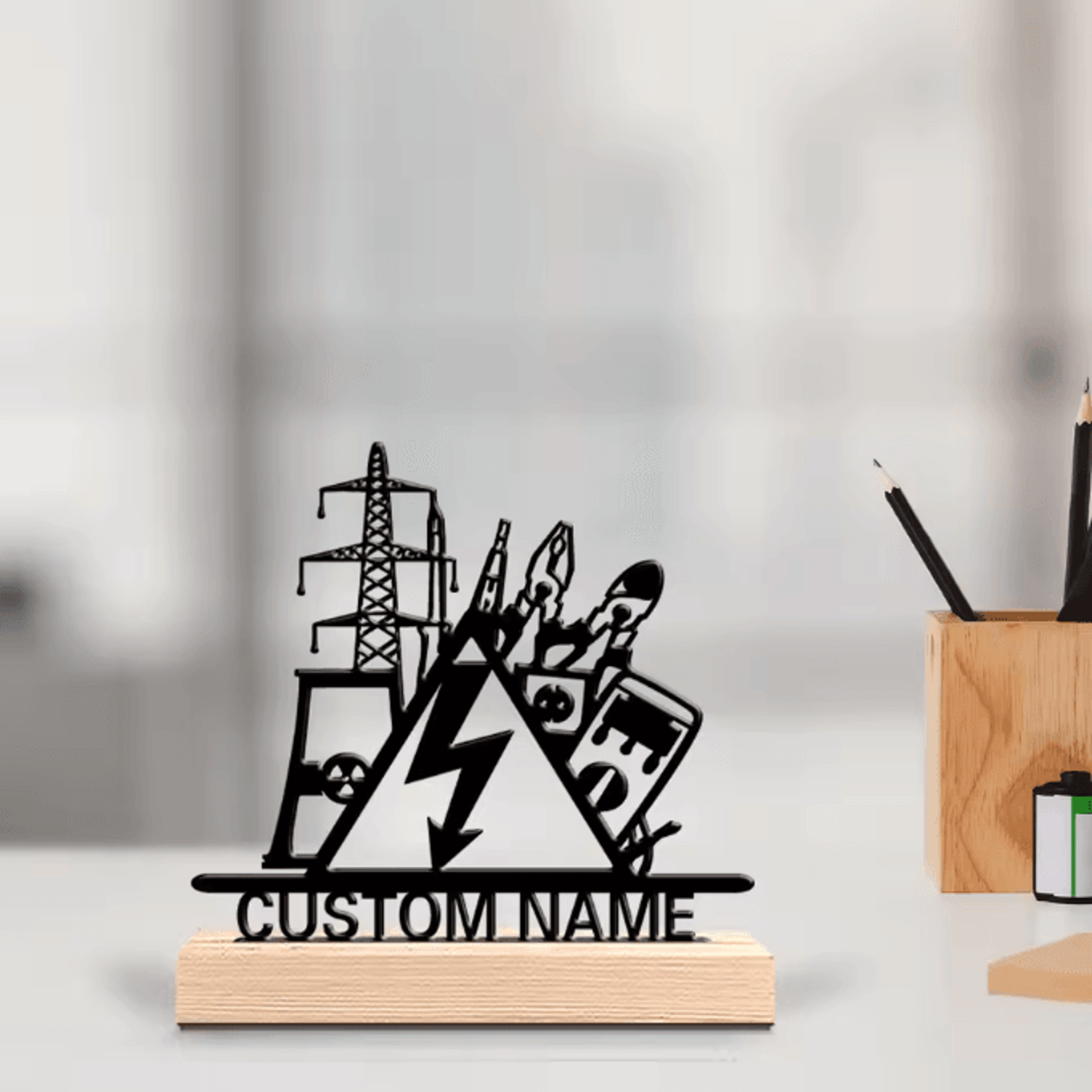 custom electrical engineer metal sculpture – personalized desk decor with wooden base
