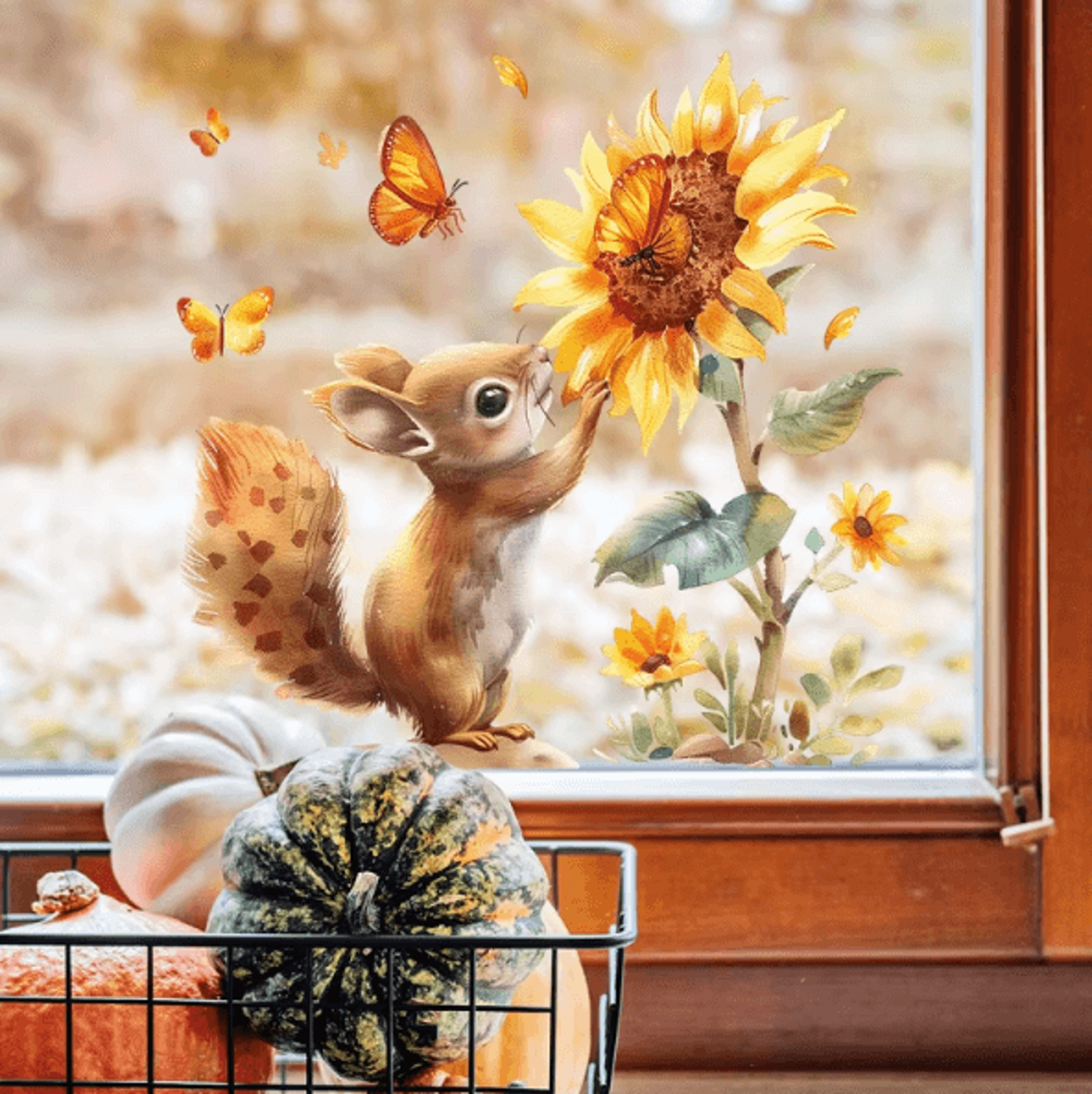 Watercolor Squirrel  Sunflower Wall Sticker  Rustic Animal Window Vinyl Decal For Home Decor 1