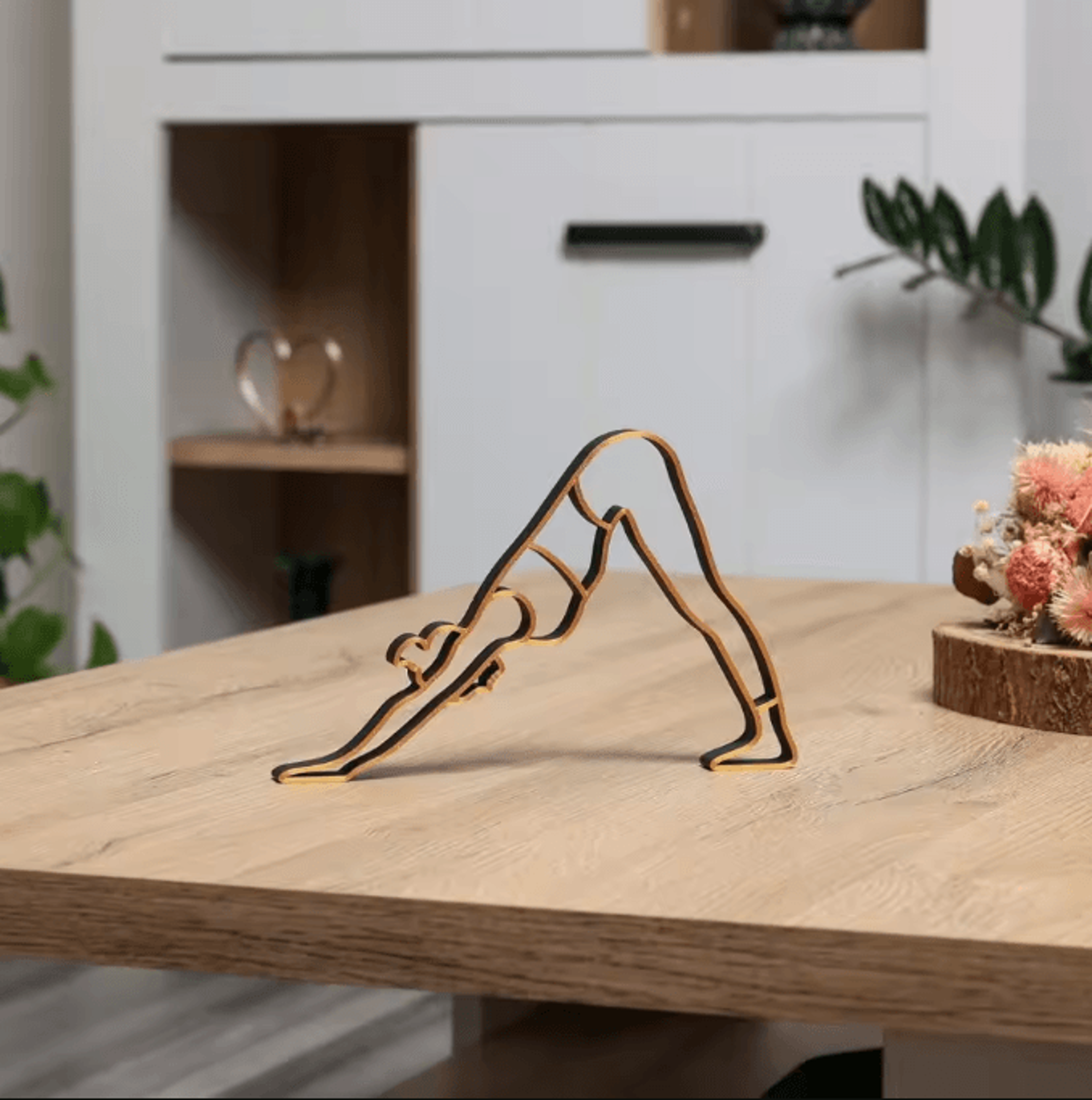 abstract yoga lady metal sculpture – modern meditation figurine with wooden base