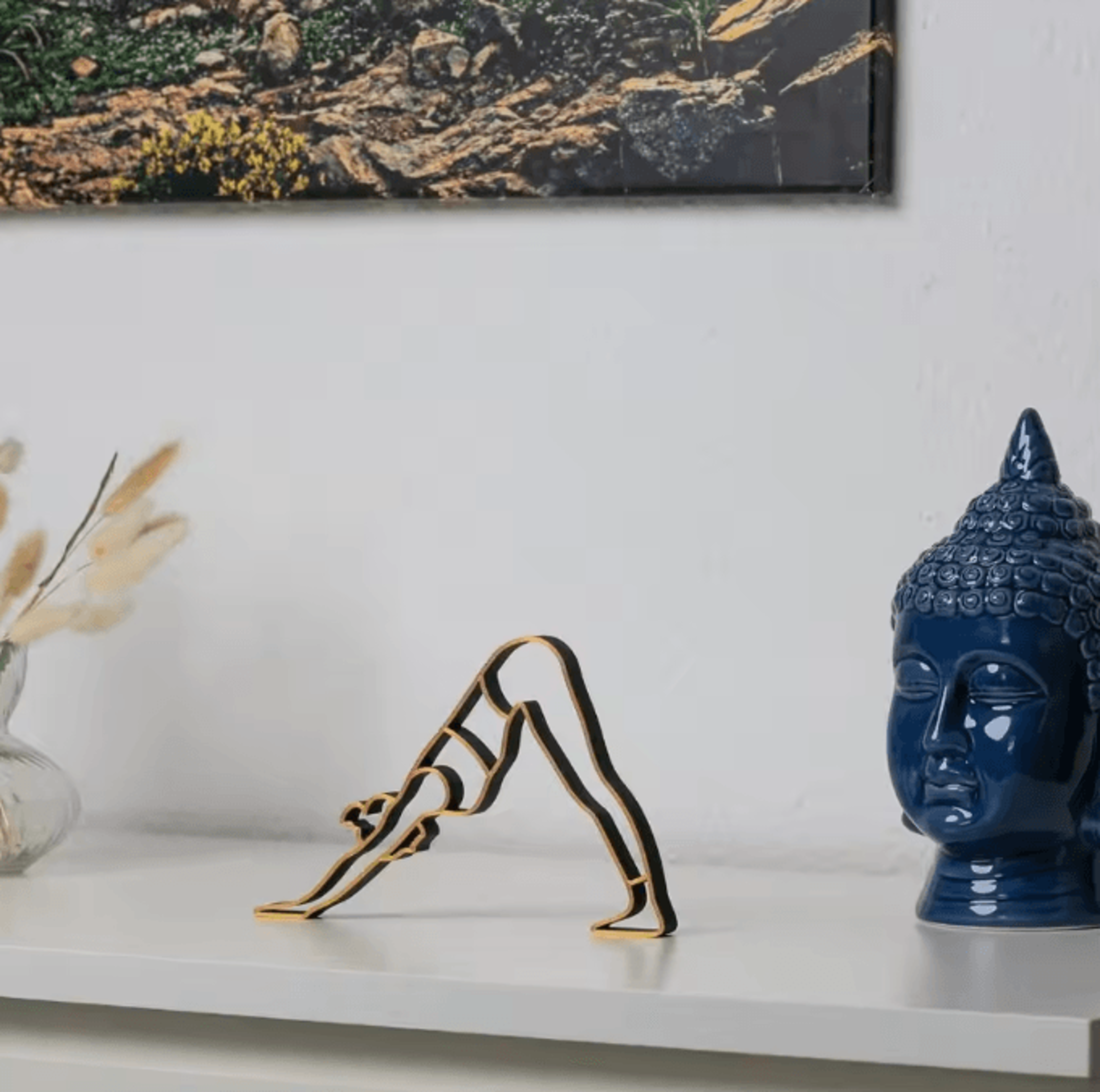 Abstract Yoga Lady Metal Sculpture  Modern Meditation Figurine With Wooden Base 1