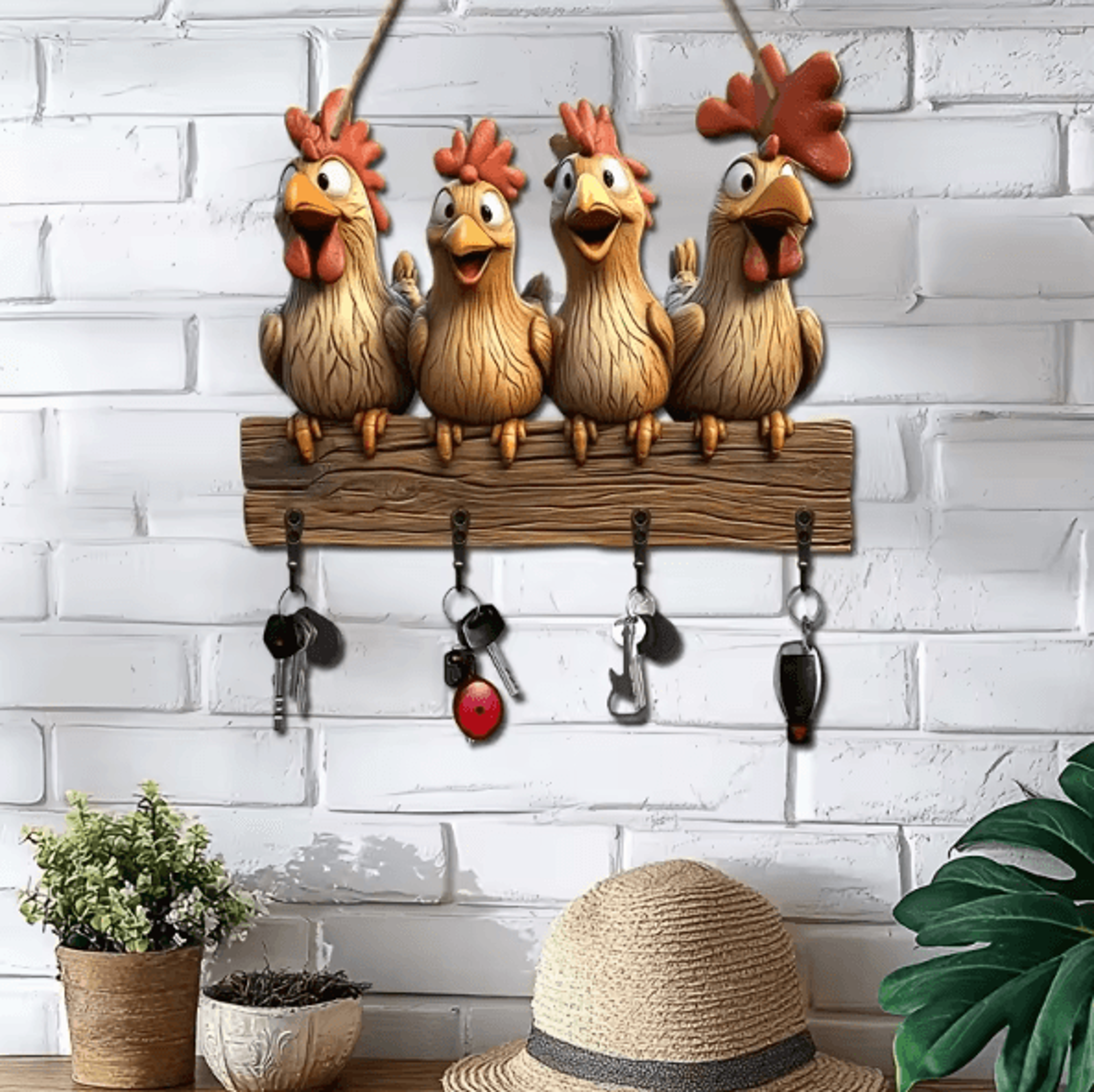 FarmCharm Hen Wooden Key Holder Wall Decor With Hooks 2