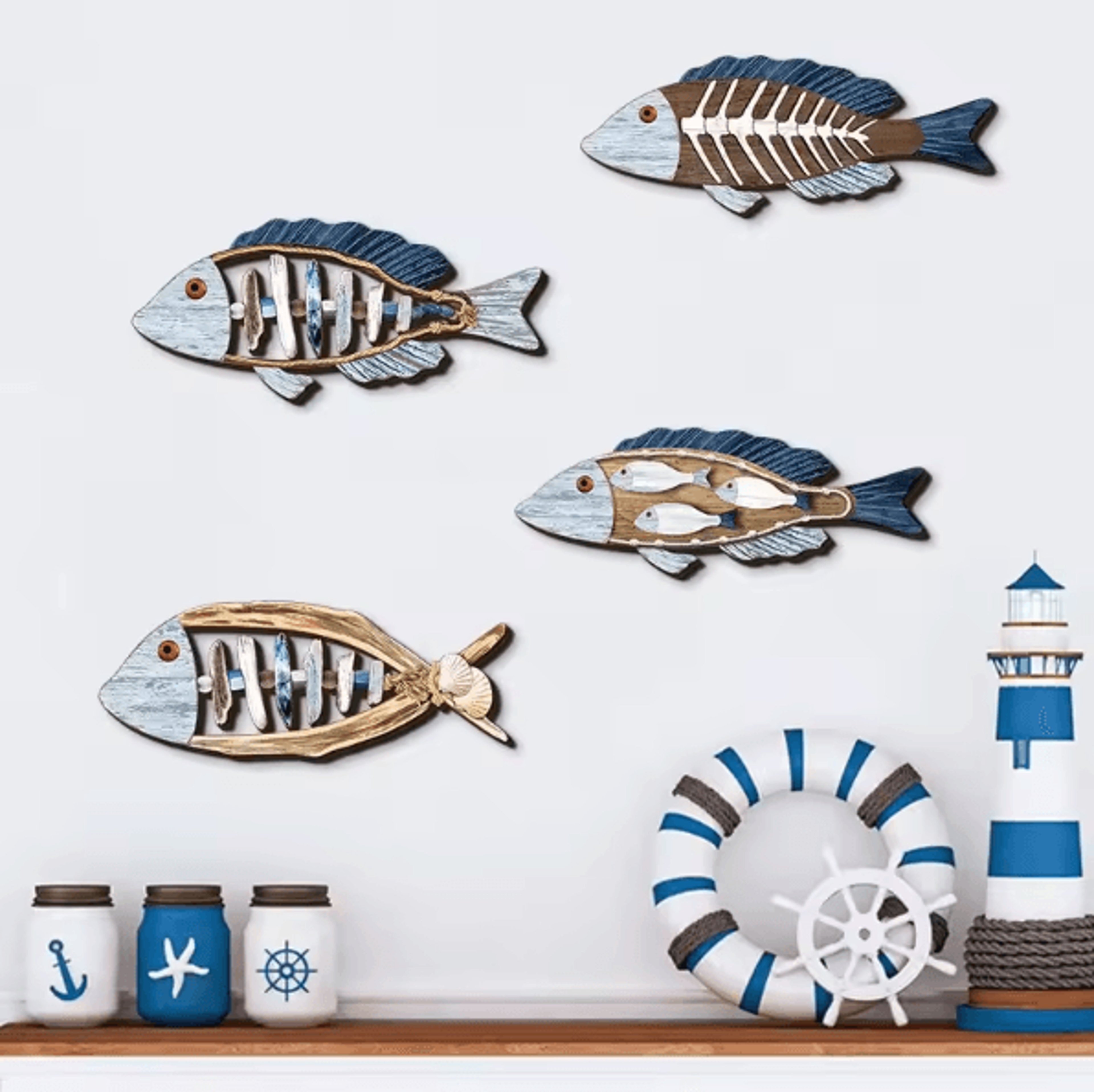 OceanCraft 4PCS Wooden Fish Wall Decor Marine Style Carved Hanging Art 2
