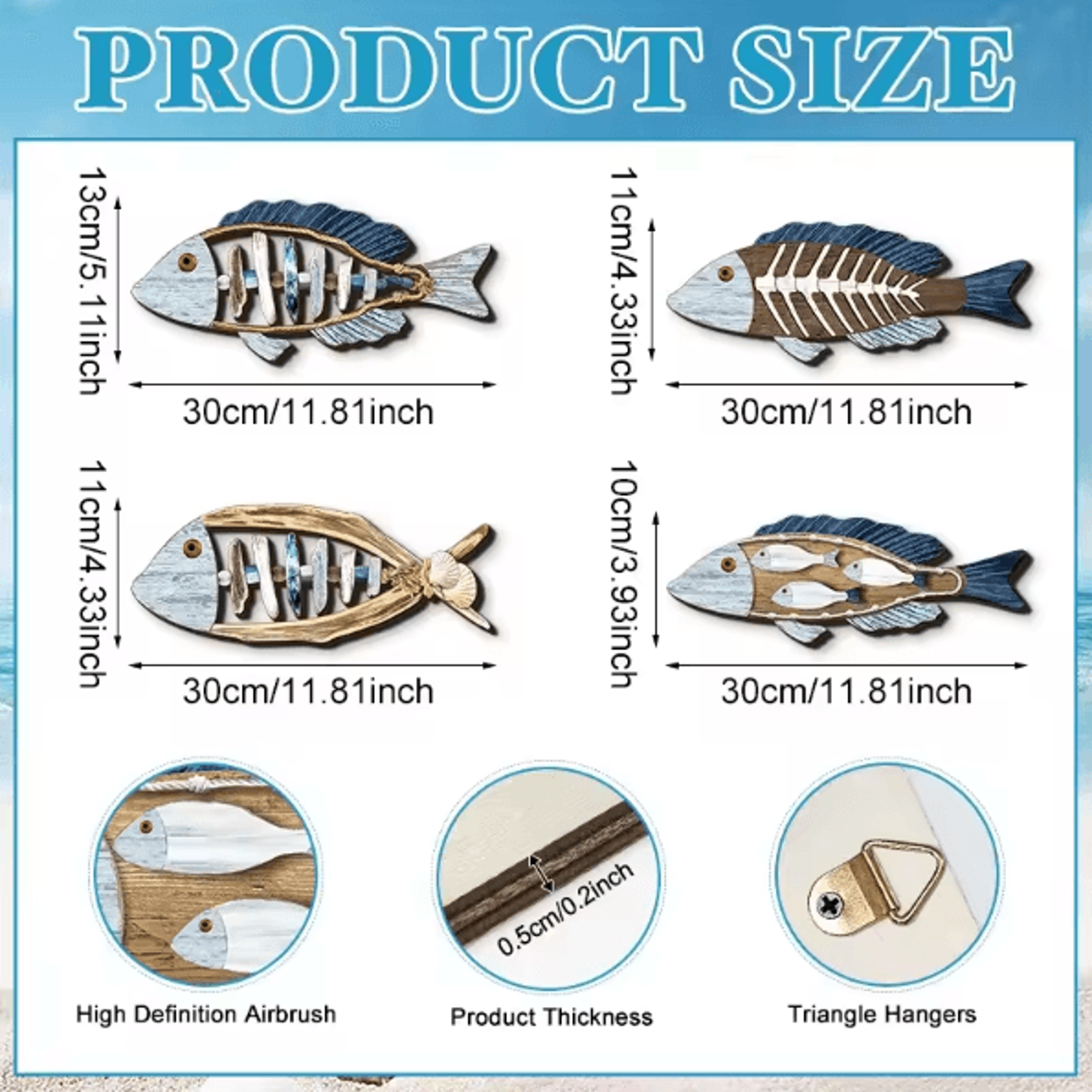 OceanCraft 4PCS Wooden Fish Wall Decor Marine Style Carved Hanging Art 4