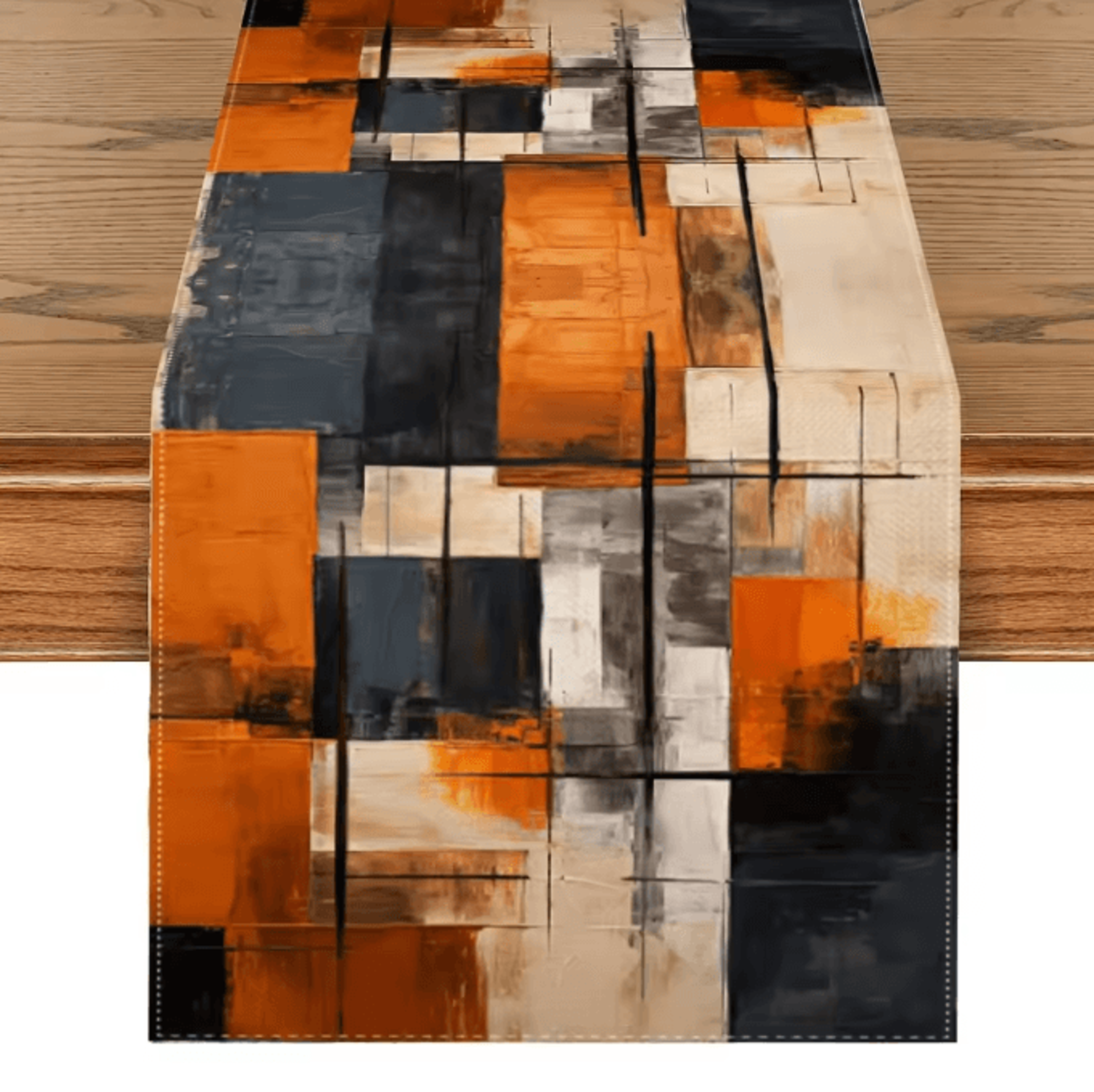 vikama watercolor abstract linen table runner orange black stripe modern decor