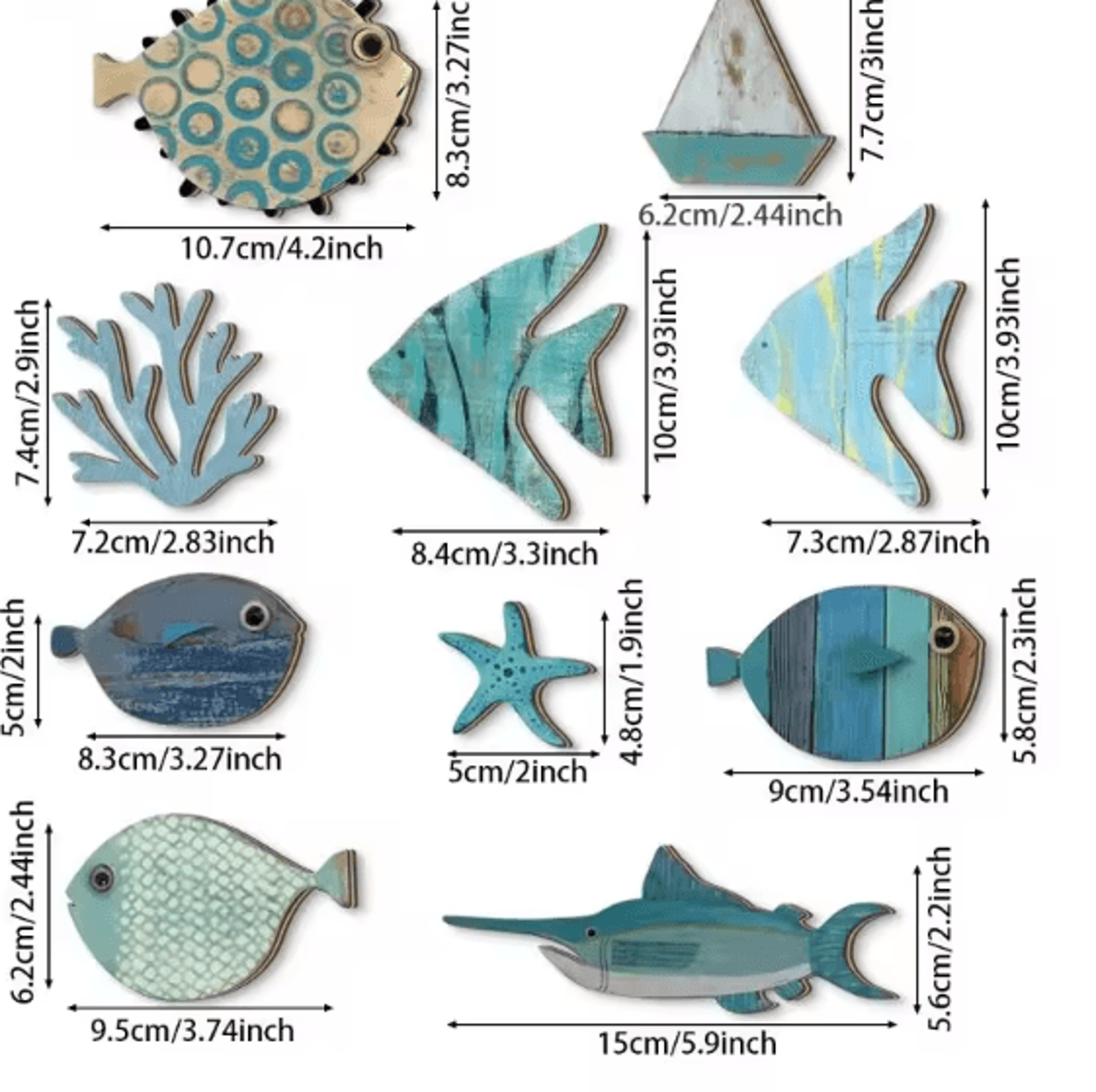 OceanCraft 10PCS Wooden Fish Wall Decor Nautical Coastal Hanging Art Set 5