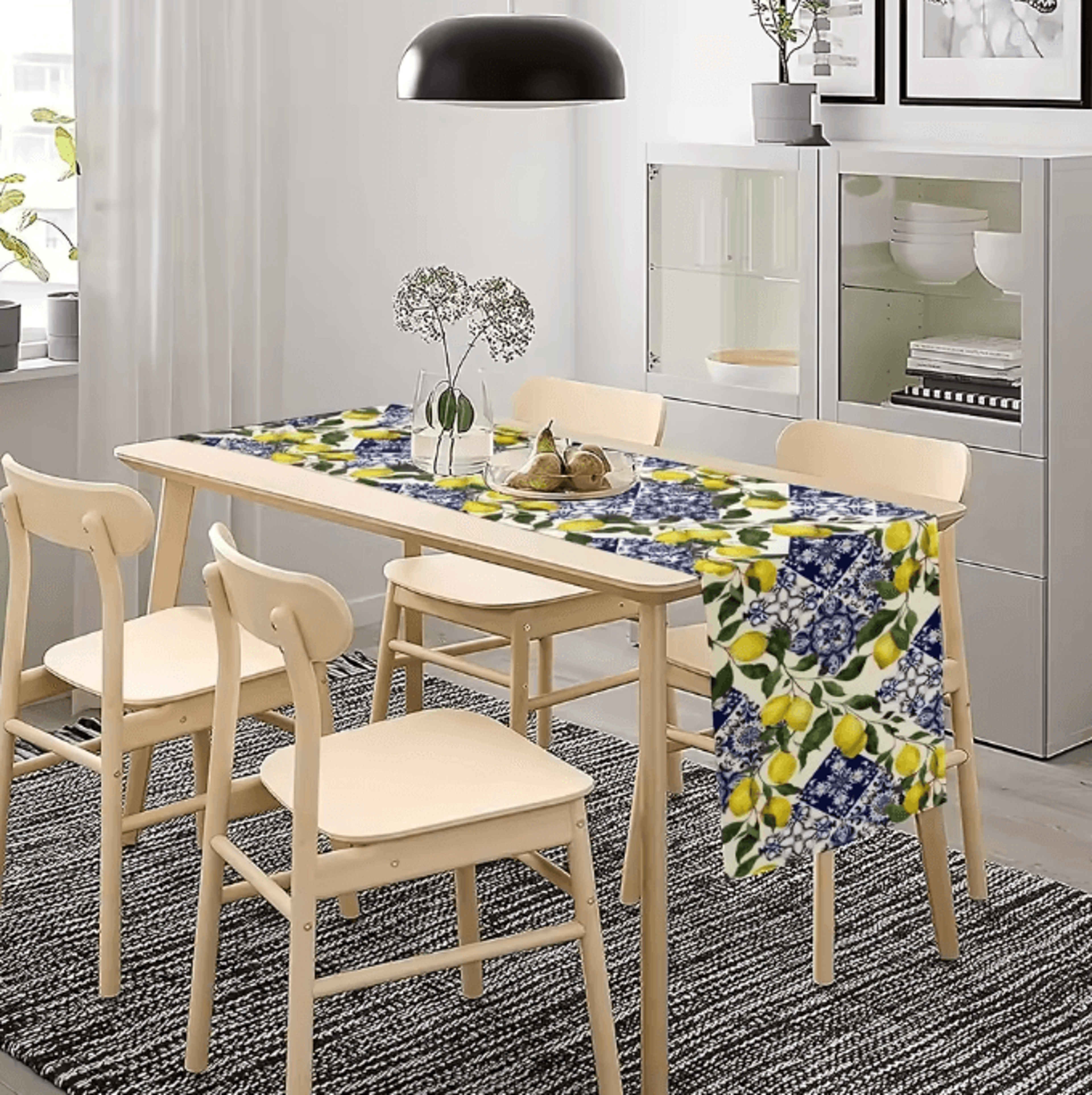 Blue Lemon Linen Table Runner Farmhouse Summer Floral Table Decor 1