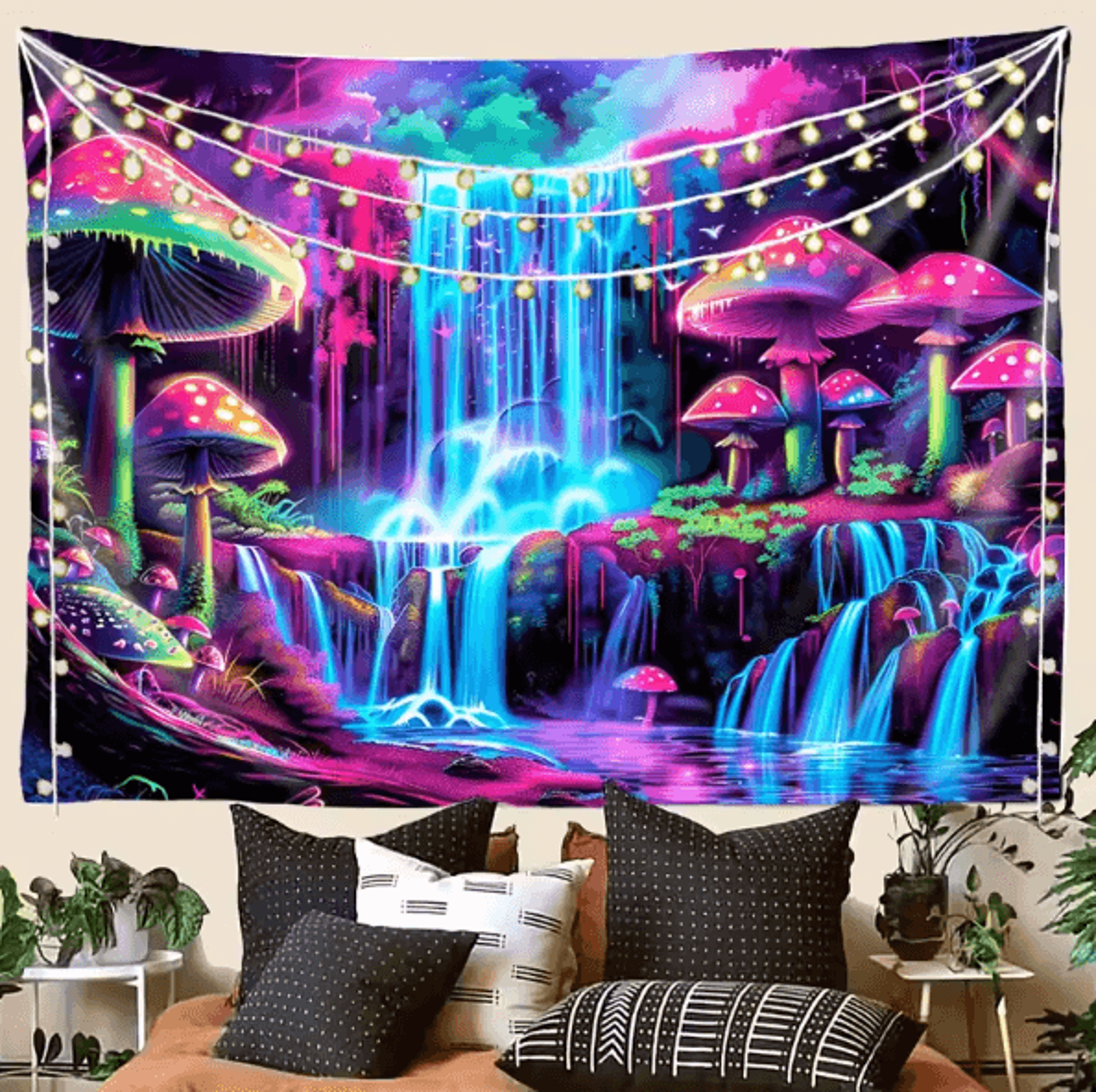 VikaDream Psychedelic Forest Waterfall Cyberpunk Tapestry Wall Hanging Decor 3