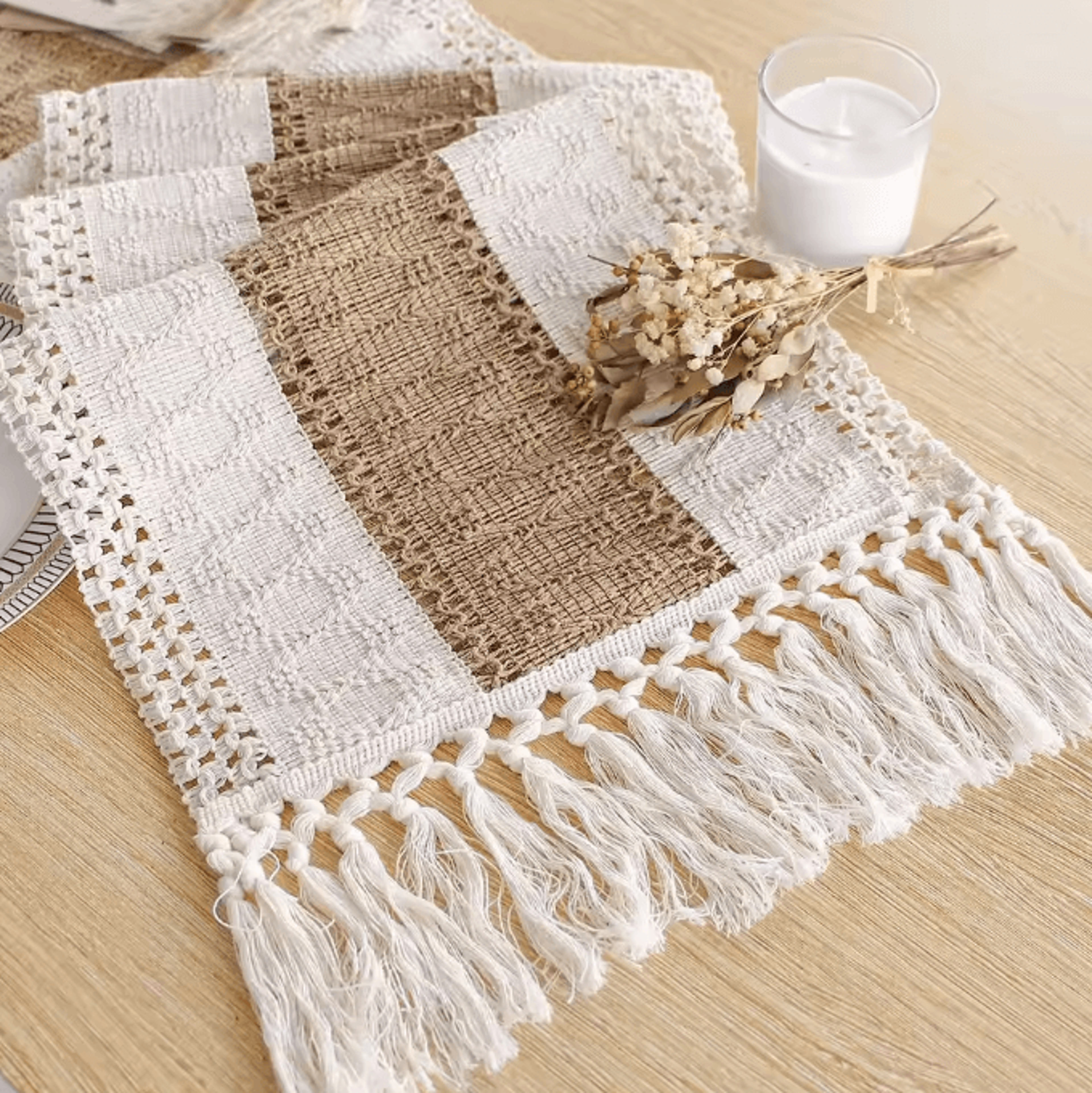 boholuxe linen table runner with tassels rustic macrame farmhouse decor