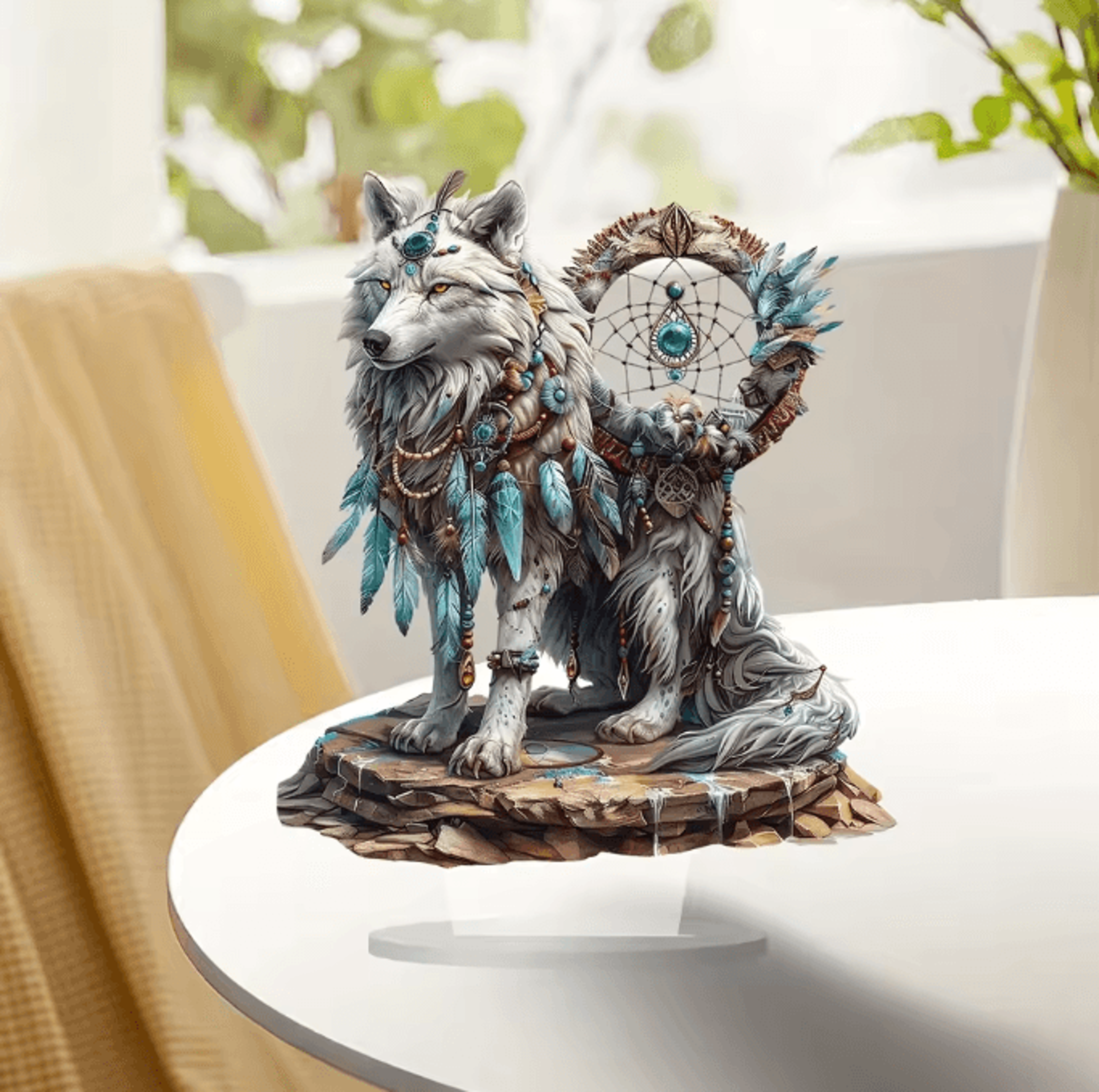 Majestic White Wolf Dream Catcher Acrylic Desk Decor  Boho Tabletop Sign 4