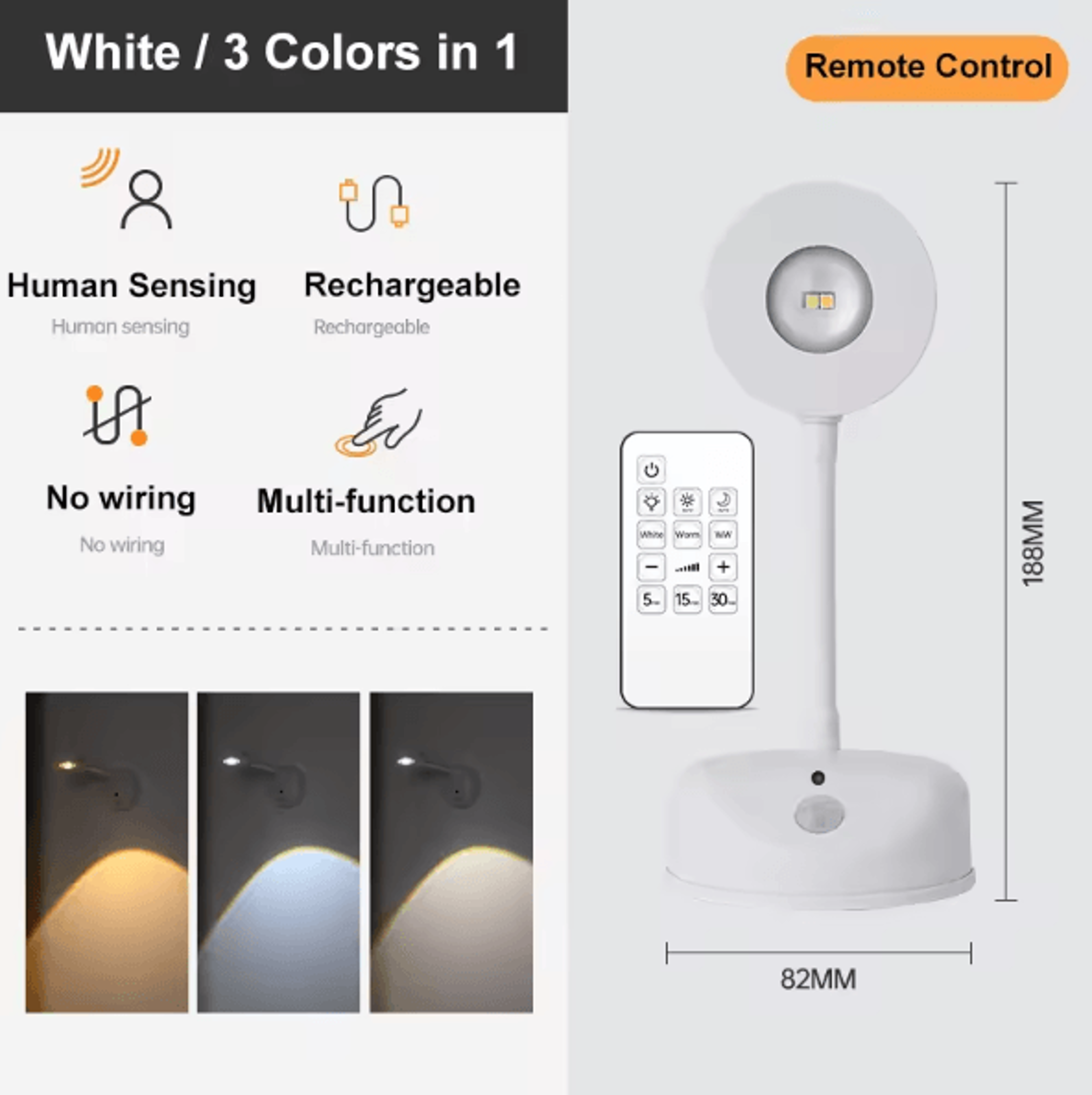USB Rechargeable Motion Sensor Wall Light  Dimmable LED Picture Spotlight 3 Color Modes 7