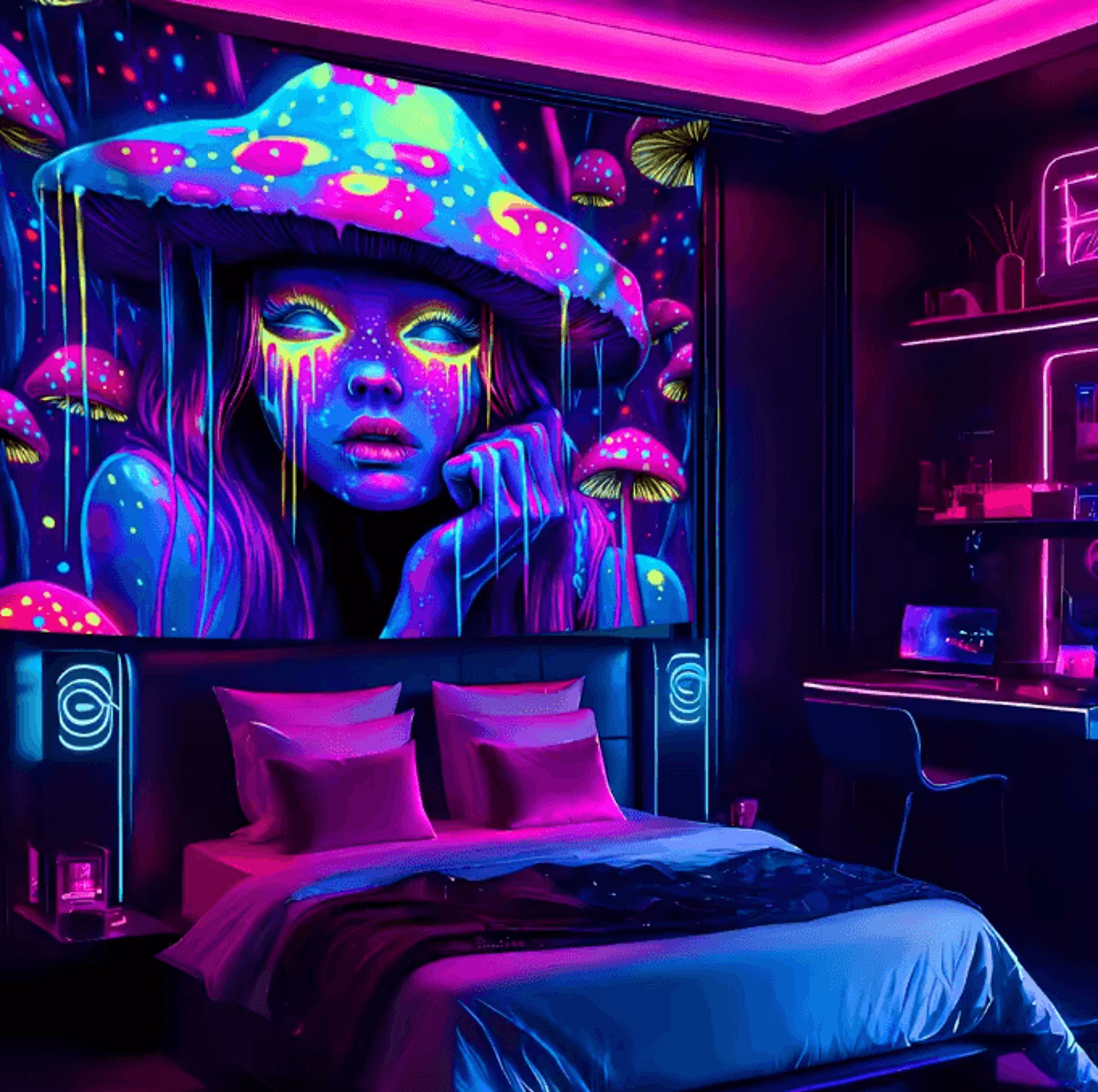 VIKAMA Psychedelic Mushroom Girl Tapestry  Blacklight Reactive Trippy Wall Decor 2