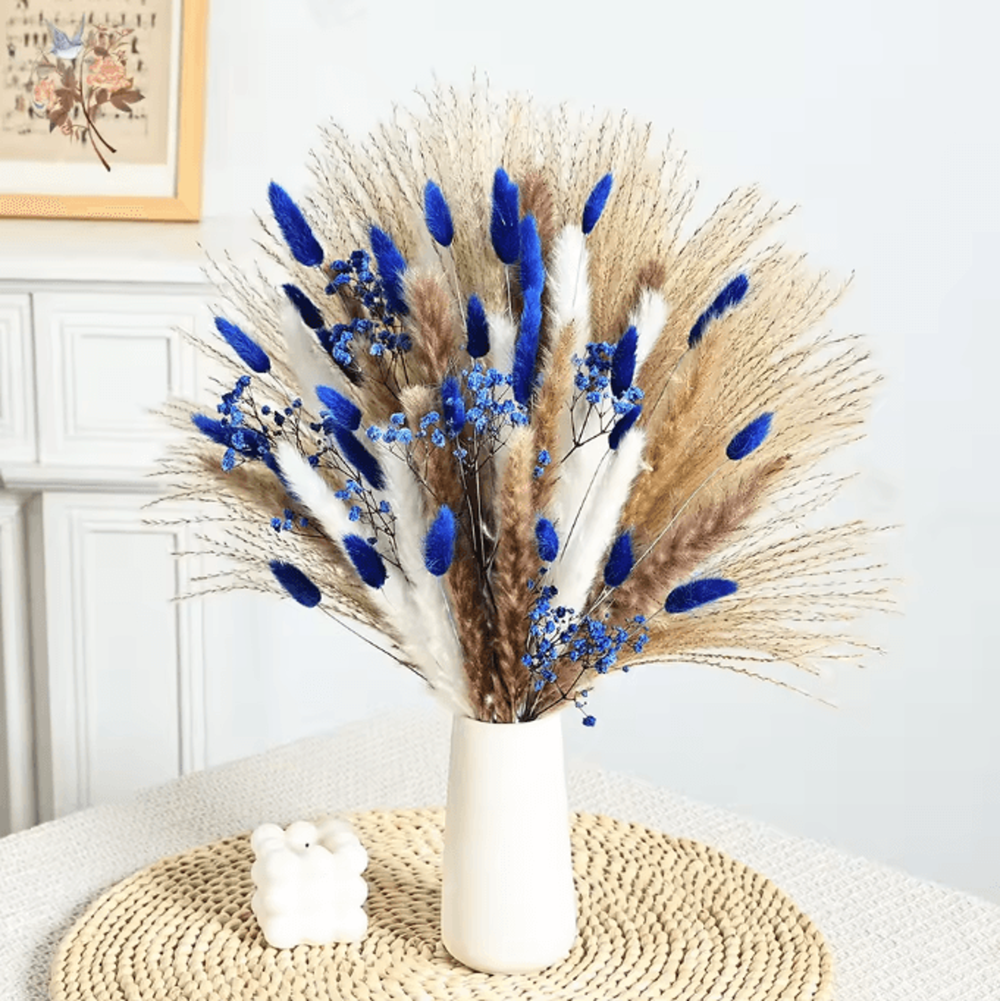 70 Stem Blue Bunny Tail Pampas Grass Bouquet  Fluffy Artificial Dried Flower Decor 1