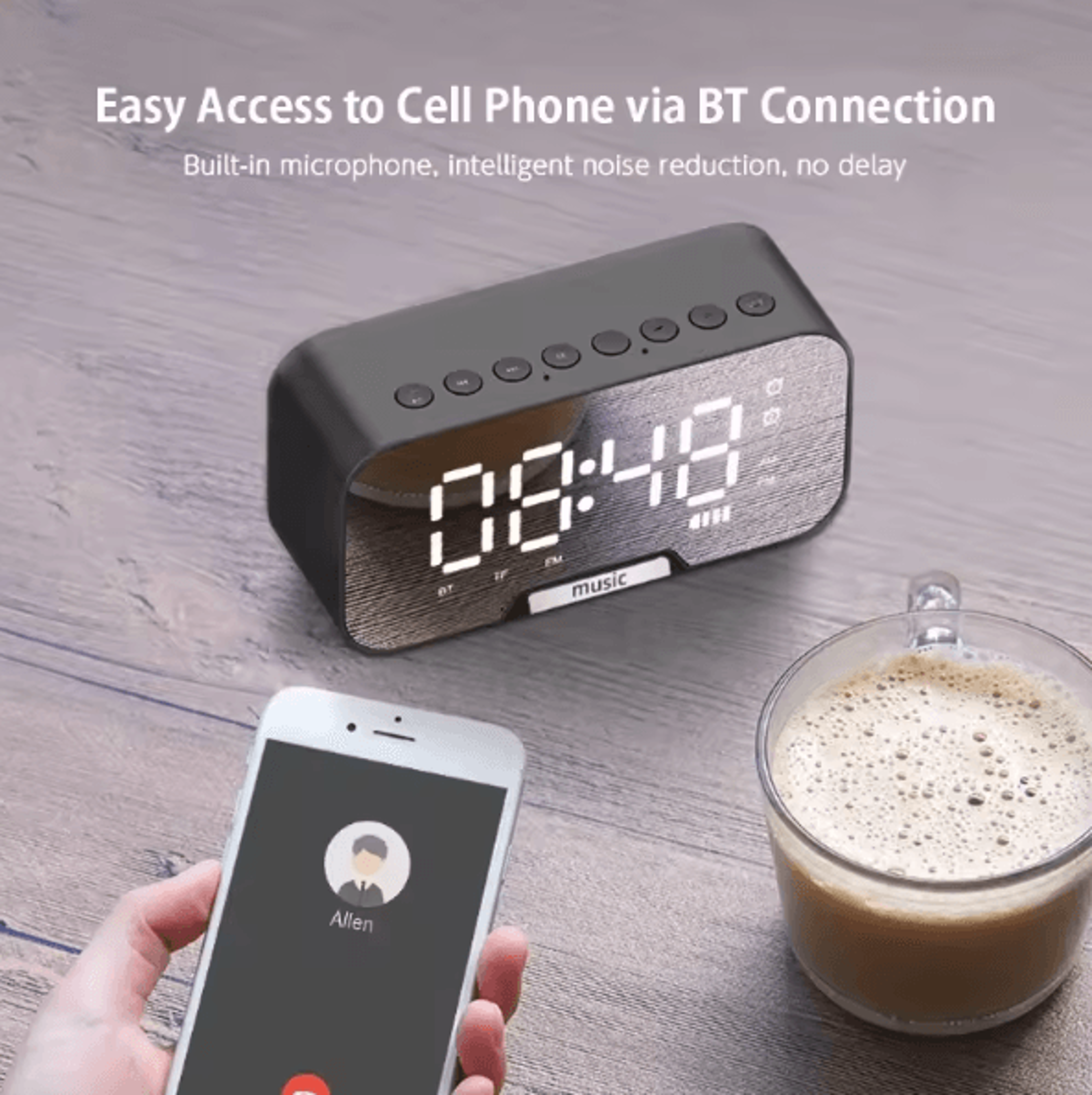 Bluetooth Speaker Alarm Clock With LED Mirror Display  Dual Alarm FM Radio  Phone Holder 1