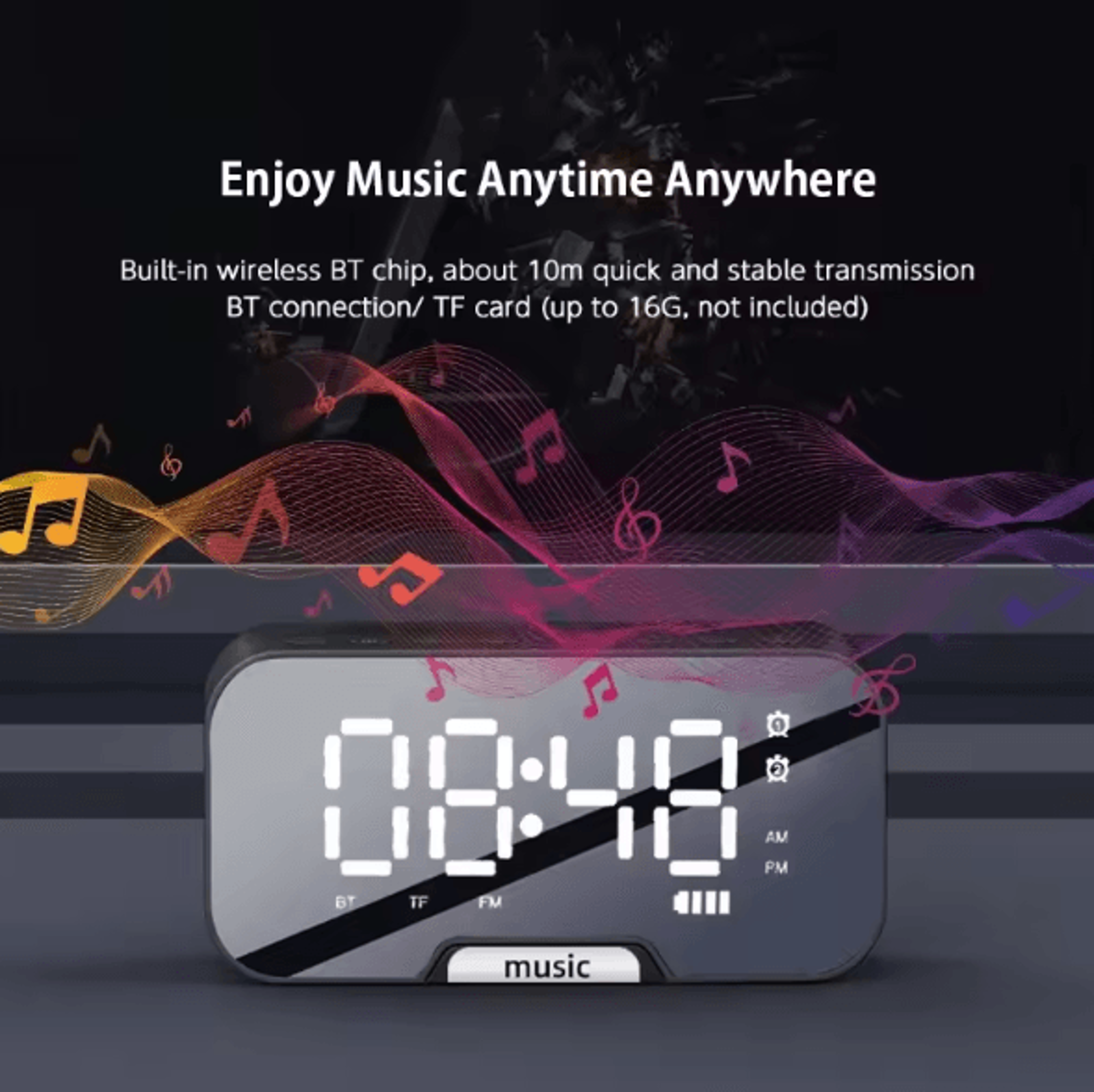 Bluetooth Speaker Alarm Clock With LED Mirror Display  Dual Alarm FM Radio  Phone Holder 2